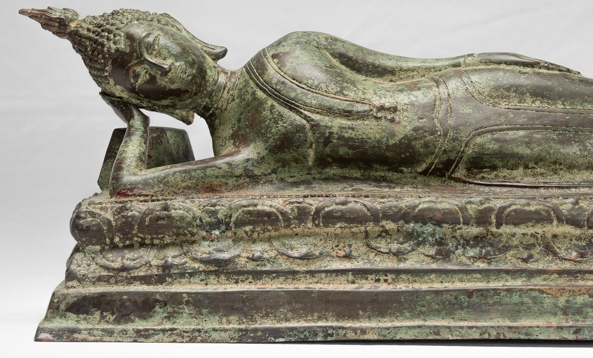 Statue Buddha - Antique Thai Thai Bronzo Sukhothai Reclining Nirvana Buddha Statua - 54cm/22 "