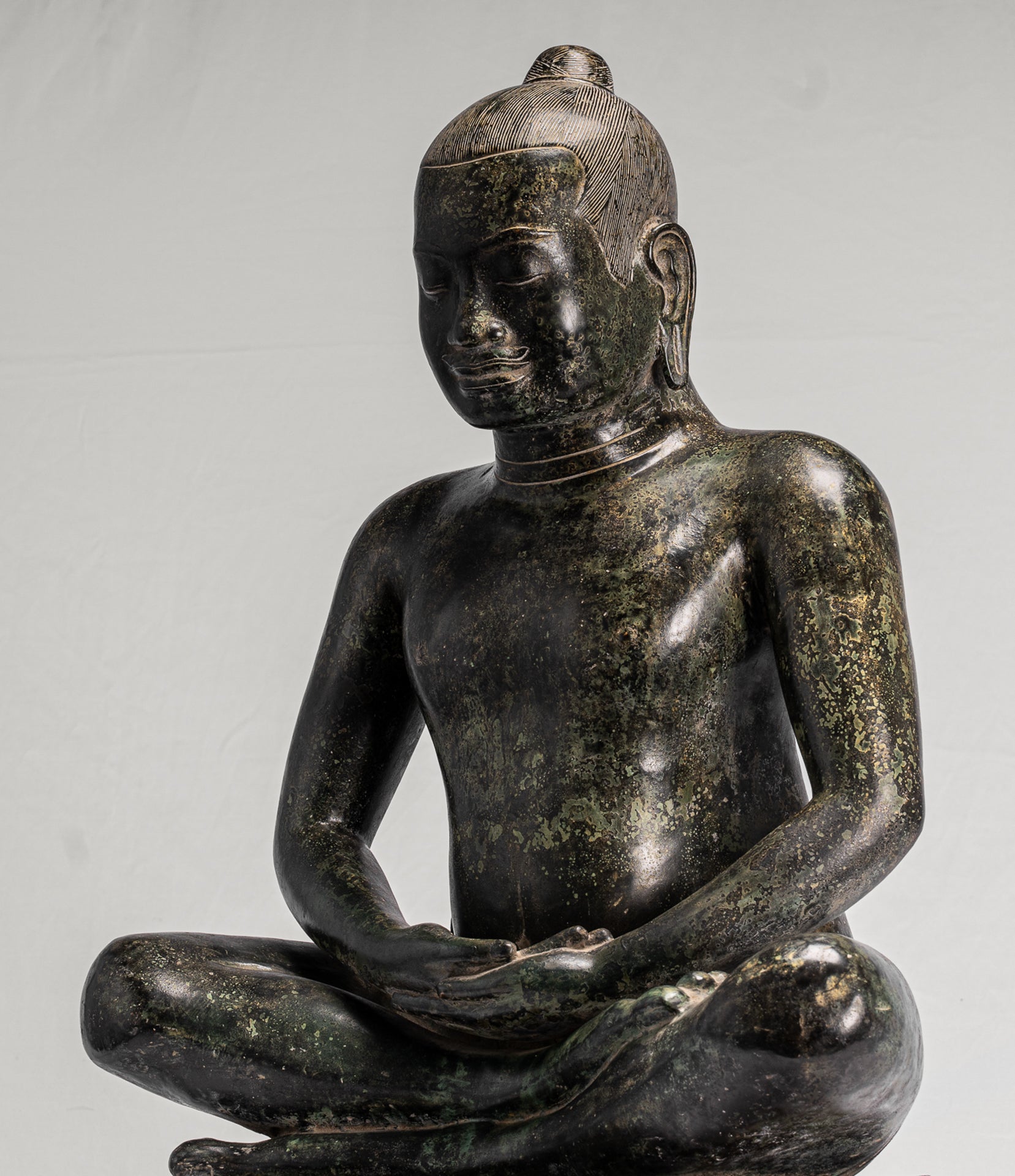 Antique Khmer Style Seated Bronze Meditation Jayavarman VII Statue - 68cm/27"