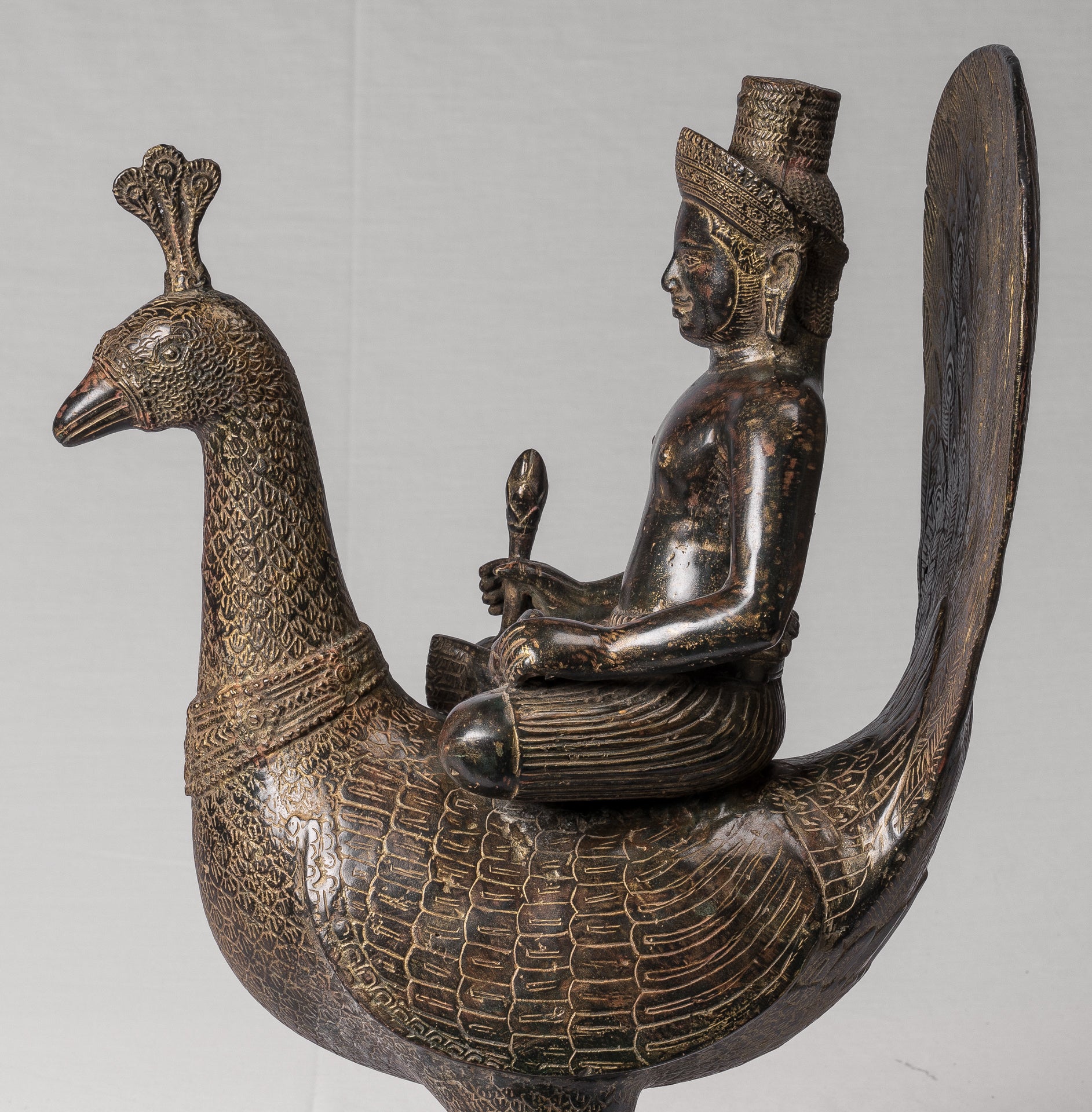 Murugan Statue - Antique Khmer Style Bronze Murugan on His Peacock - 53cm/21"