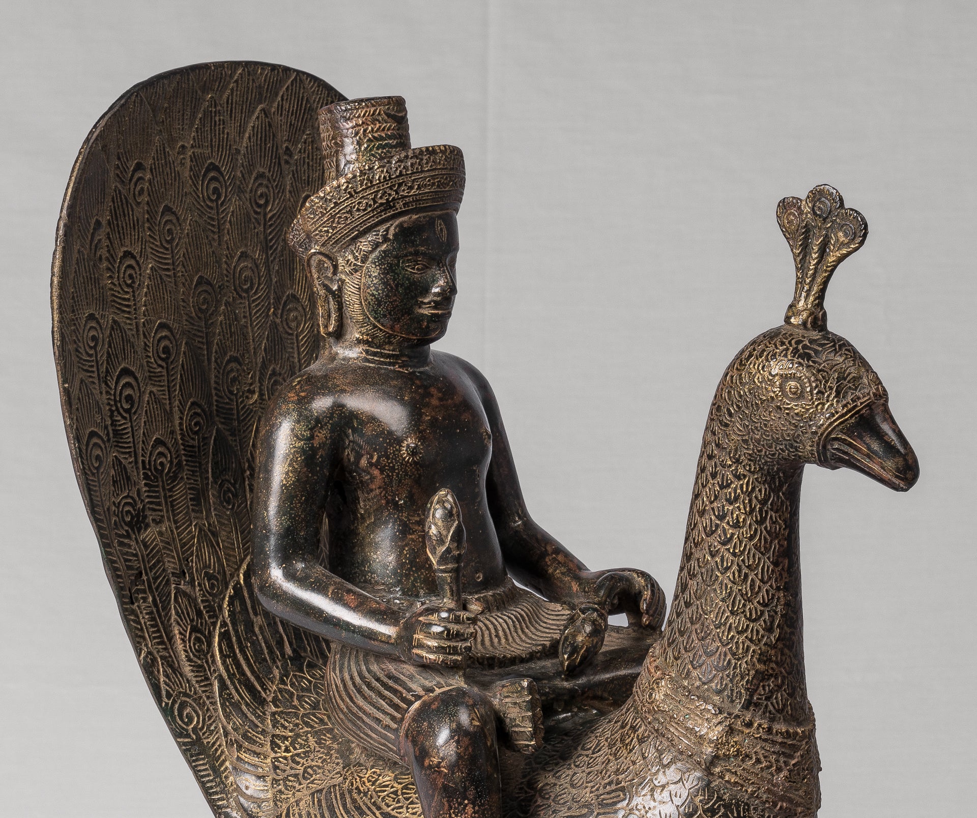 Murugan Statue - Antique Khmer Style Bronze Murugan on His Peacock - 53cm/21"