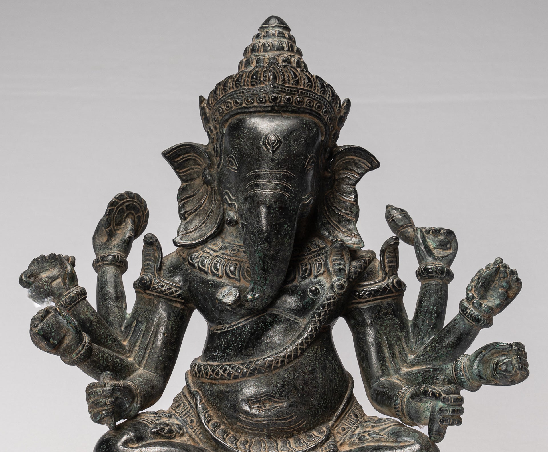 Ganesha Statue - Antique Khmer Style Bayon 8 Arm Ganesh Statue - 34cm/14"