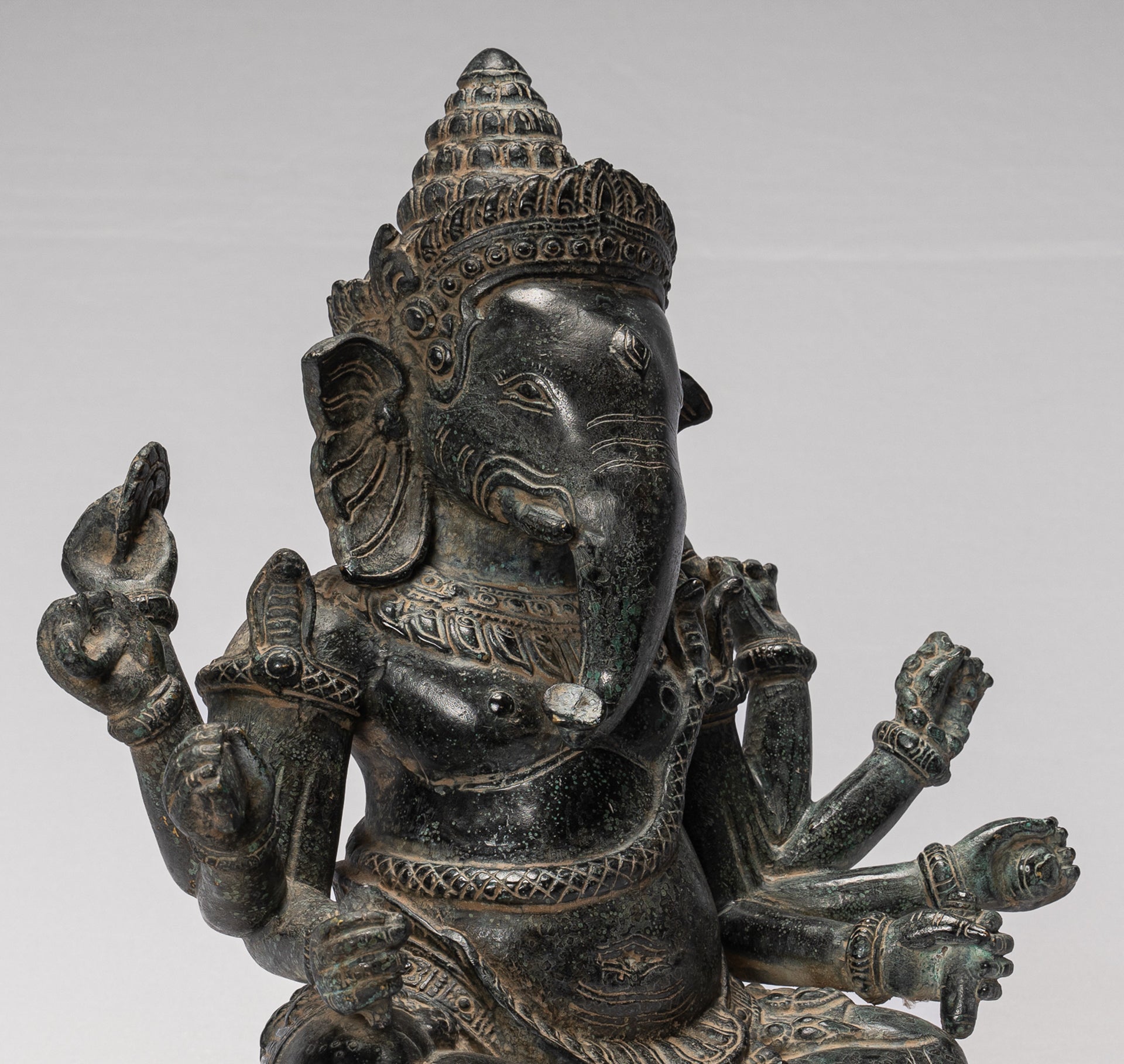 Ganesha Statue - Antique Khmer Style Bayon 8 Arm Ganesh Statue - 34cm/14"