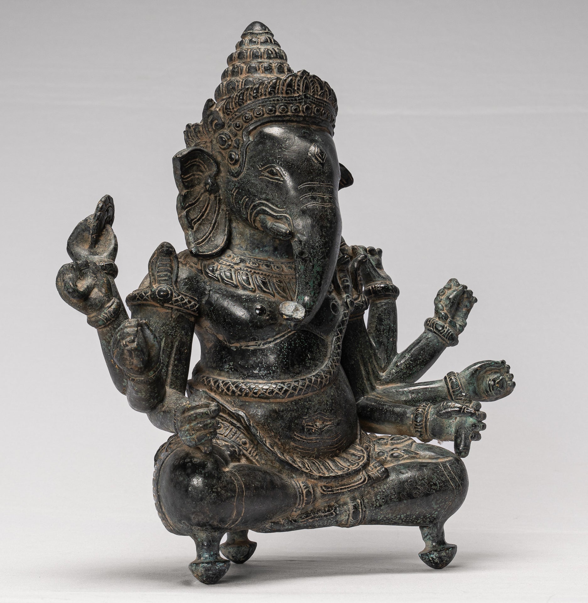 Ganesha Statue - Antique Khmer Style Bayon 8 Arm Ganesh Statue - 34cm/14"