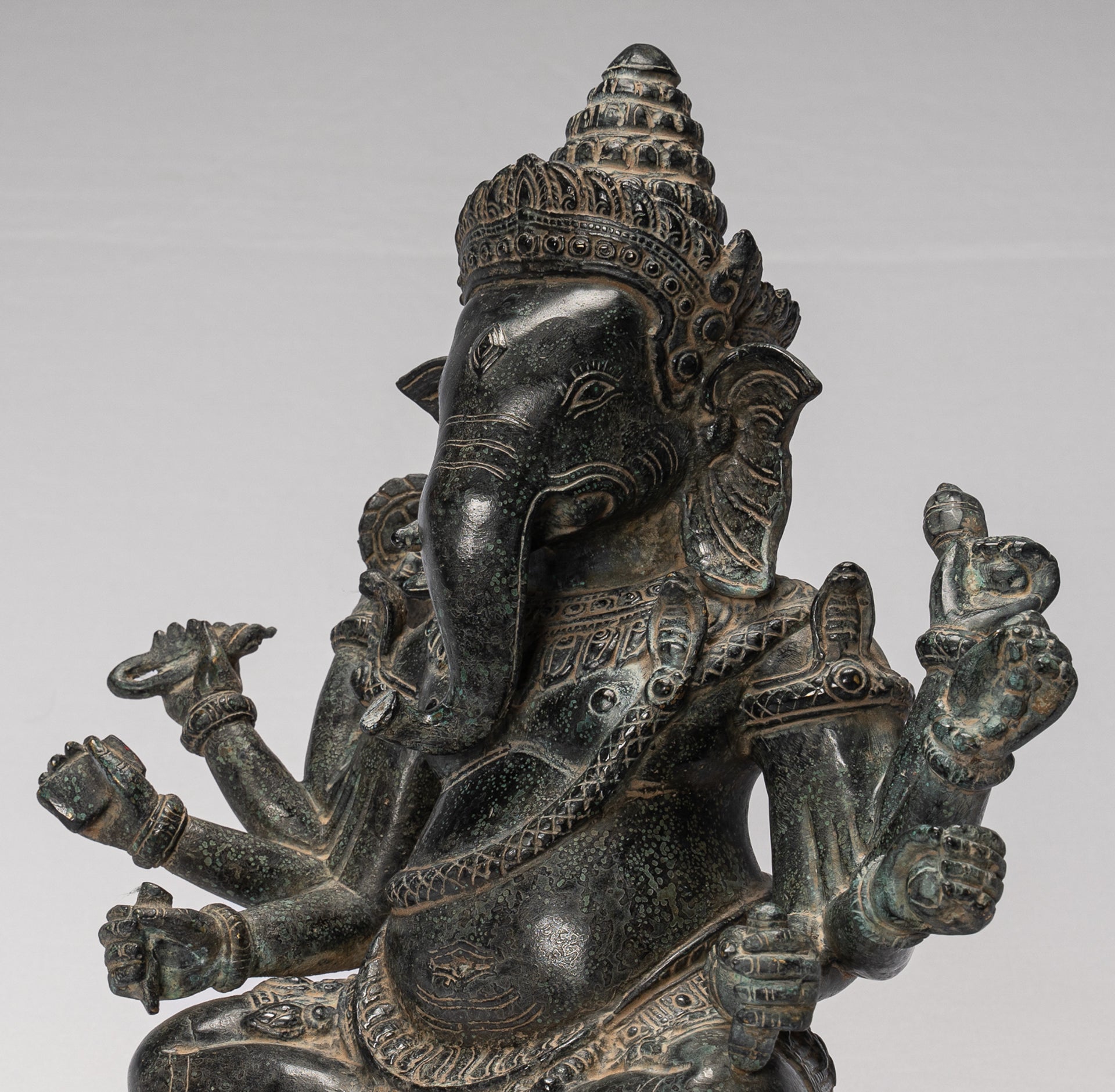 Ganesha Statue - Antique Khmer Style Bayon 8 Arm Ganesh Statue - 34cm/14"
