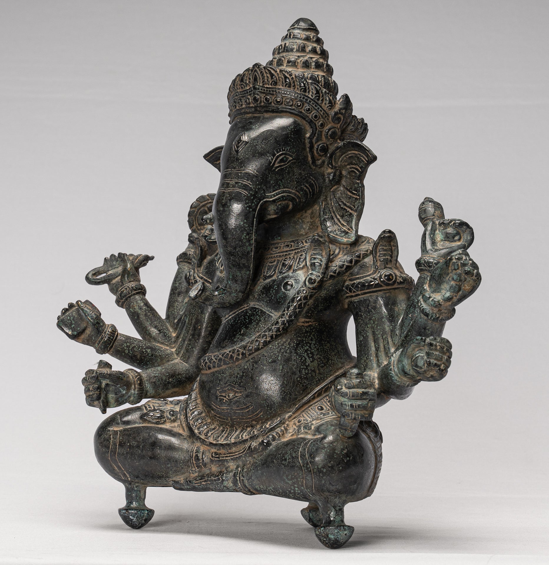 Ganesha Statue - Antique Khmer Style Bayon 8 Arm Ganesh Statue - 34cm/14"