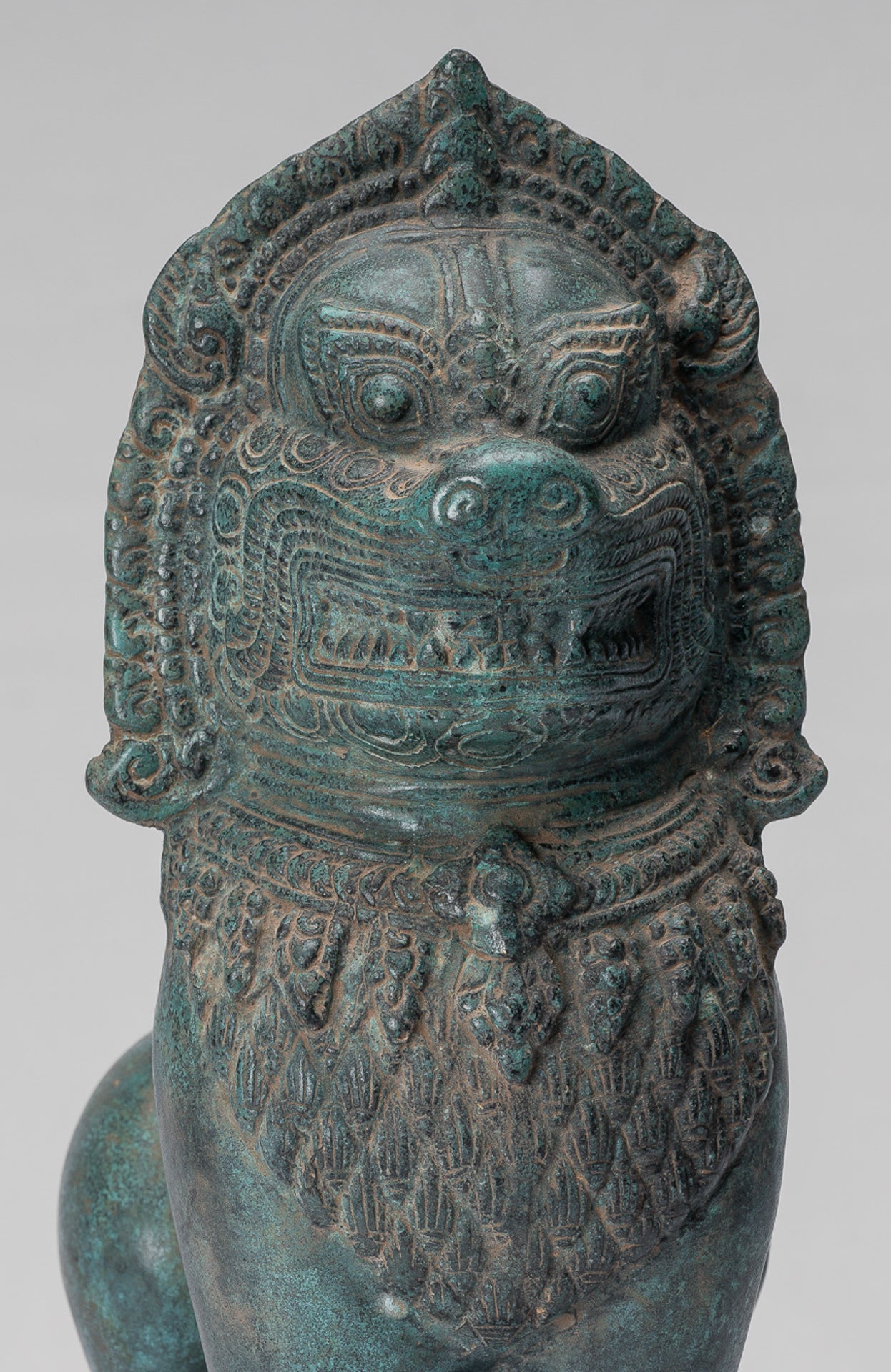 Temple Lion - Antique Khmer Style Bronze Standing Temple Guardian or Lion - 28cm/11"