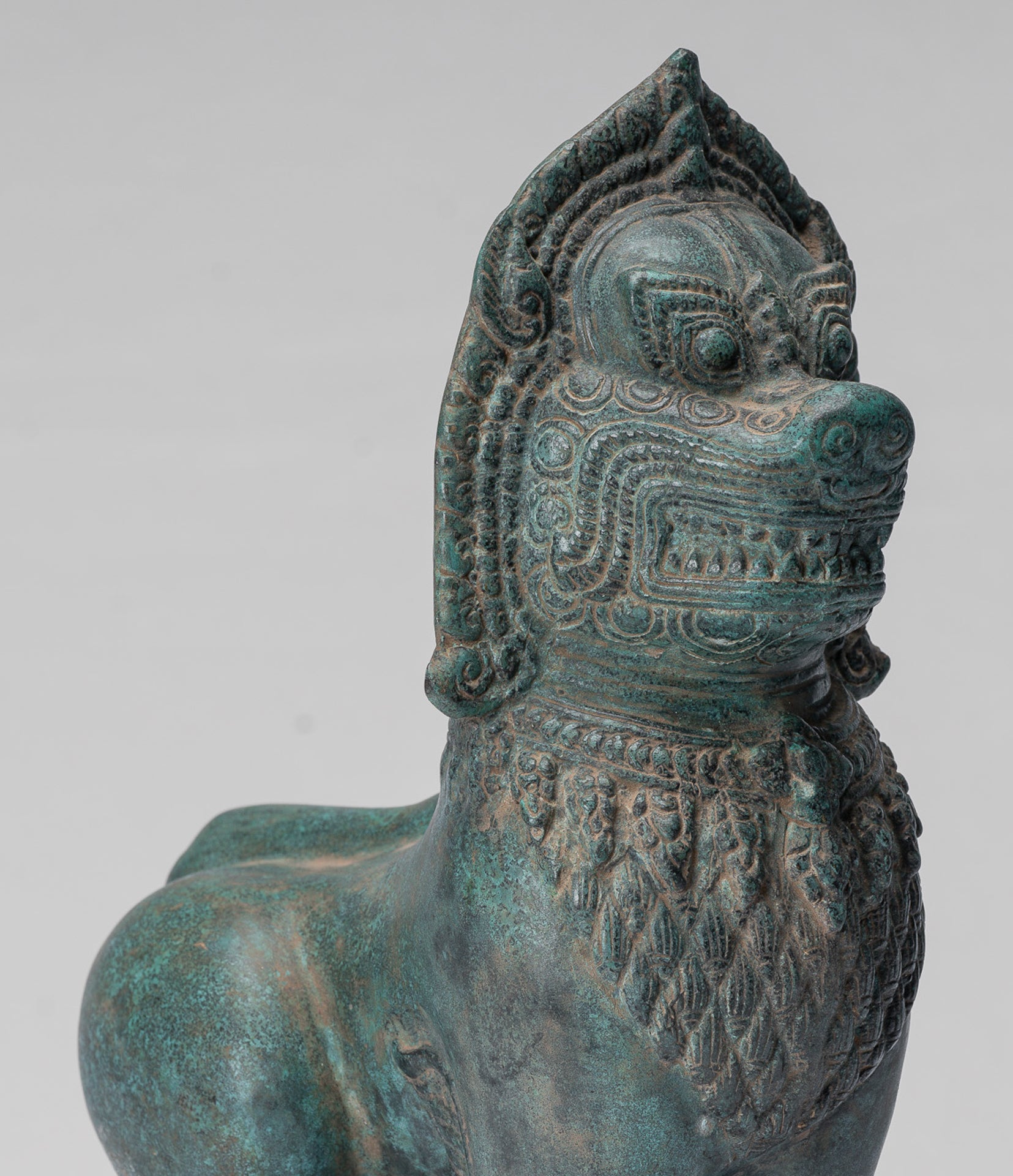 Temple Lion - Antique Khmer Style Bronze Standing Temple Guardian or Lion - 28cm/11"