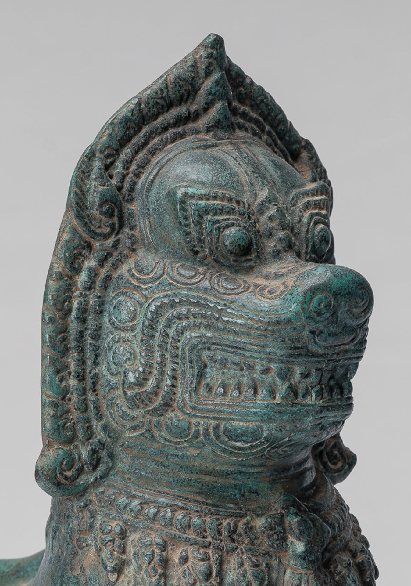 Temple Lion - Antique Khmer Style Bronze Standing Temple Guardian or Lion - 28cm/11"