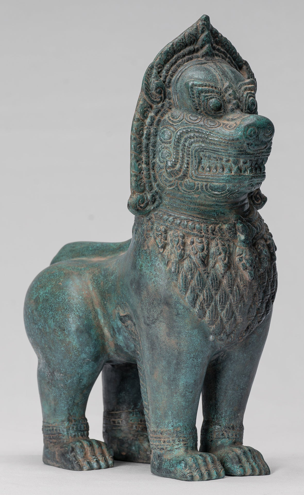 Temple Lion - Antique Khmer Style Bronze Standing Temple Guardian or Lion - 28cm/11"