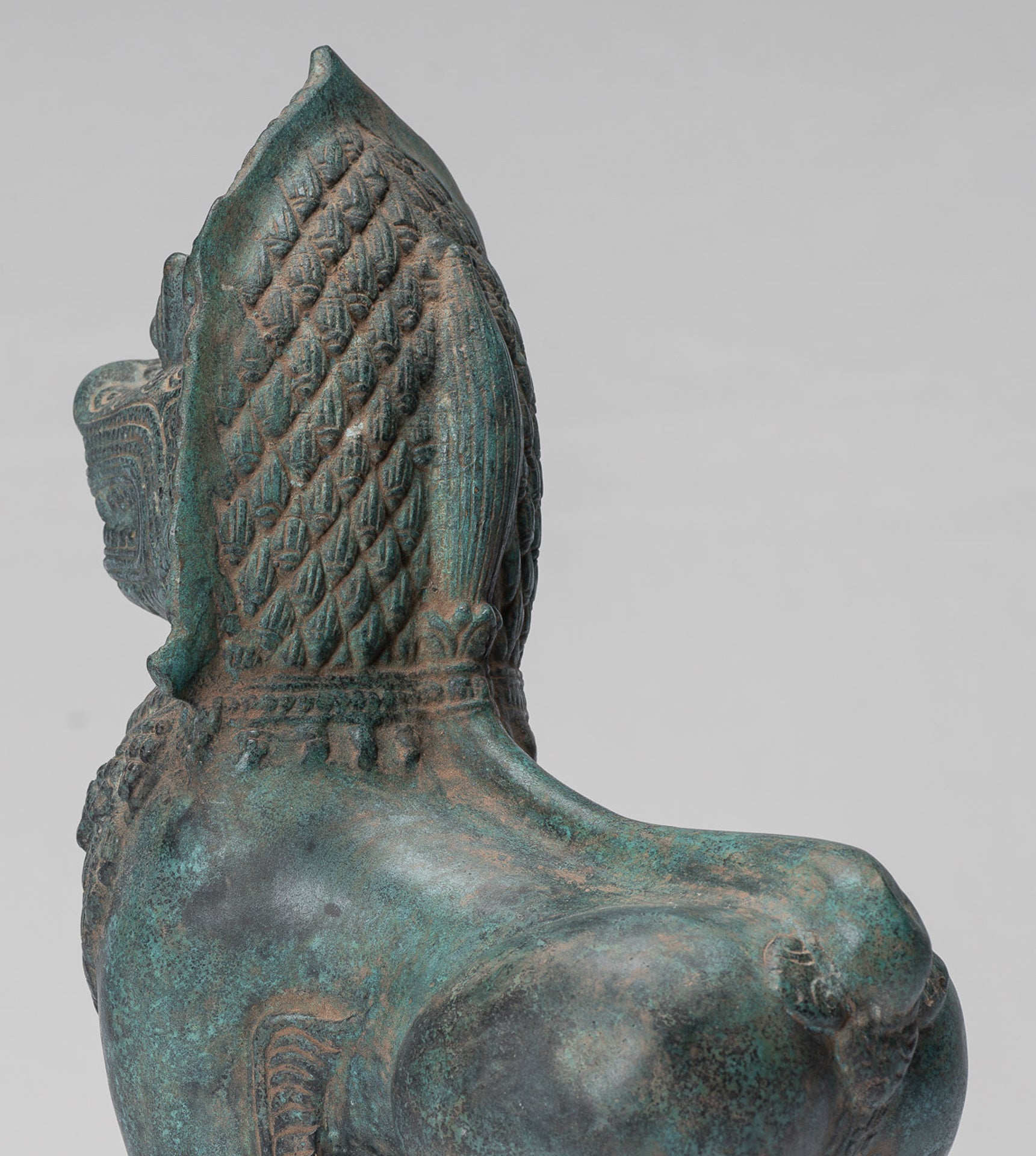 Temple Lion - Antique Khmer Style Bronze Standing Temple Guardian or Lion - 28cm/11"