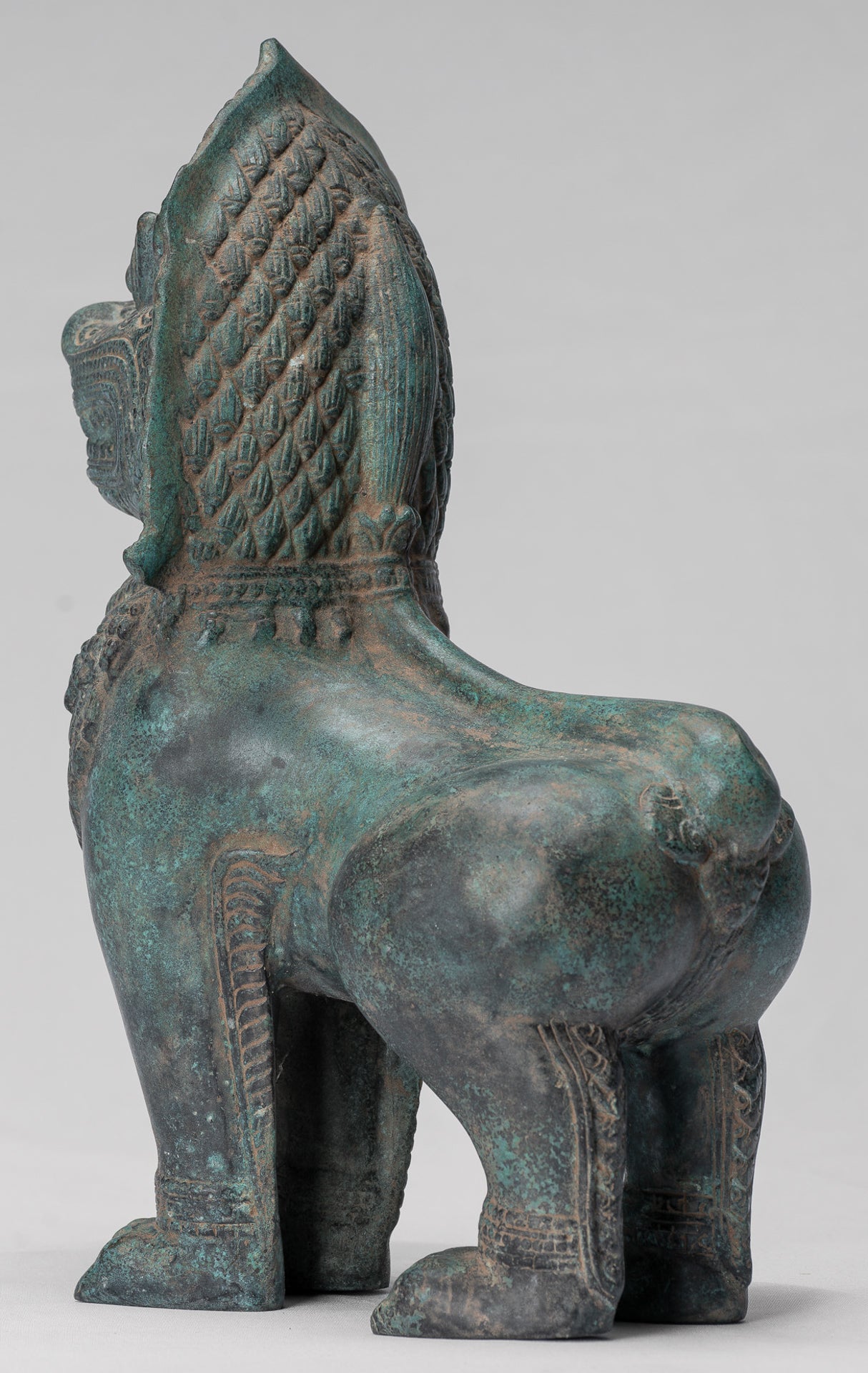 Temple Lion - Antique Khmer Style Bronze Standing Temple Guardian or Lion - 28cm/11"