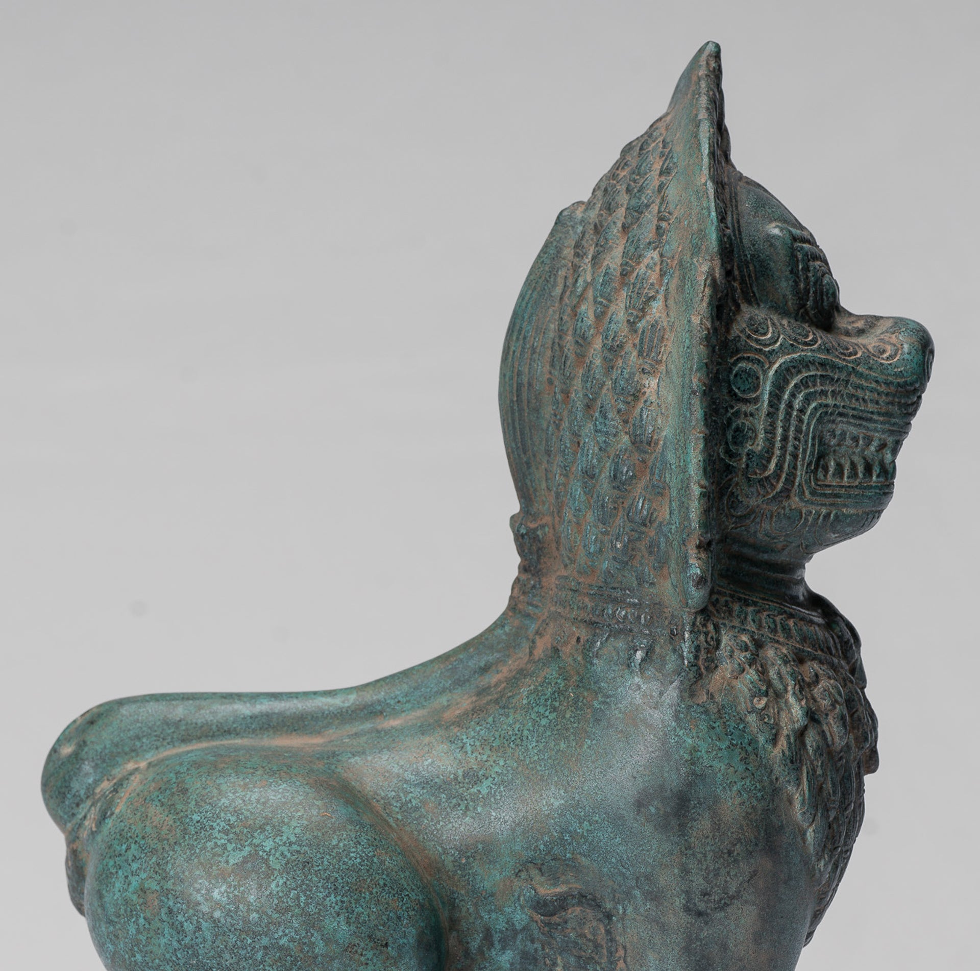 Temple Lion - Antique Khmer Style Bronze Standing Temple Guardian or Lion - 28cm/11"