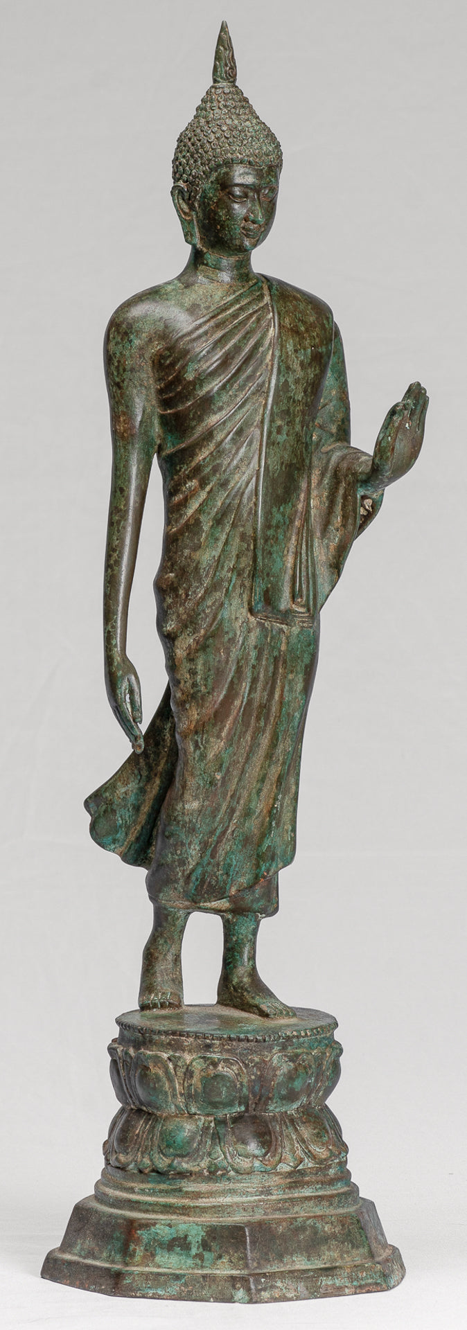 Antique Sukhothai Style Standing Bronze Thai Protection Walking Buddha Statue - 57cm/23"