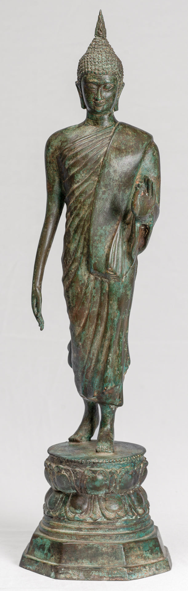 Antique Sukhothai Style Standing Bronze Thai Protection Walking Buddha Statue - 57cm/23"