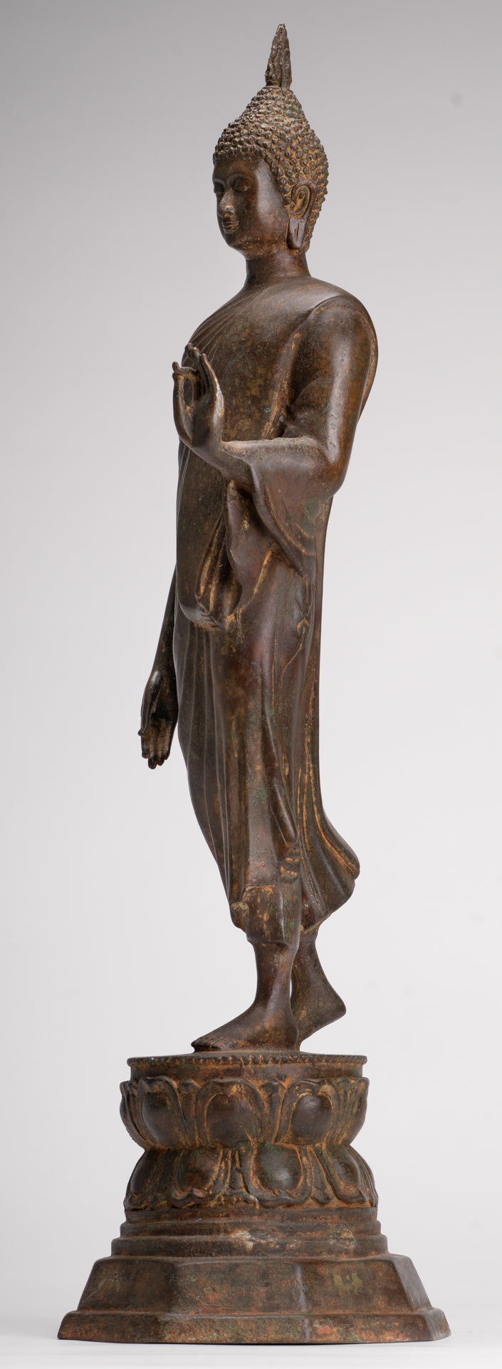 Antique Sukhothai Style Standing Bronze Thai Protection Walking Buddha Statue - 57cm/23"
