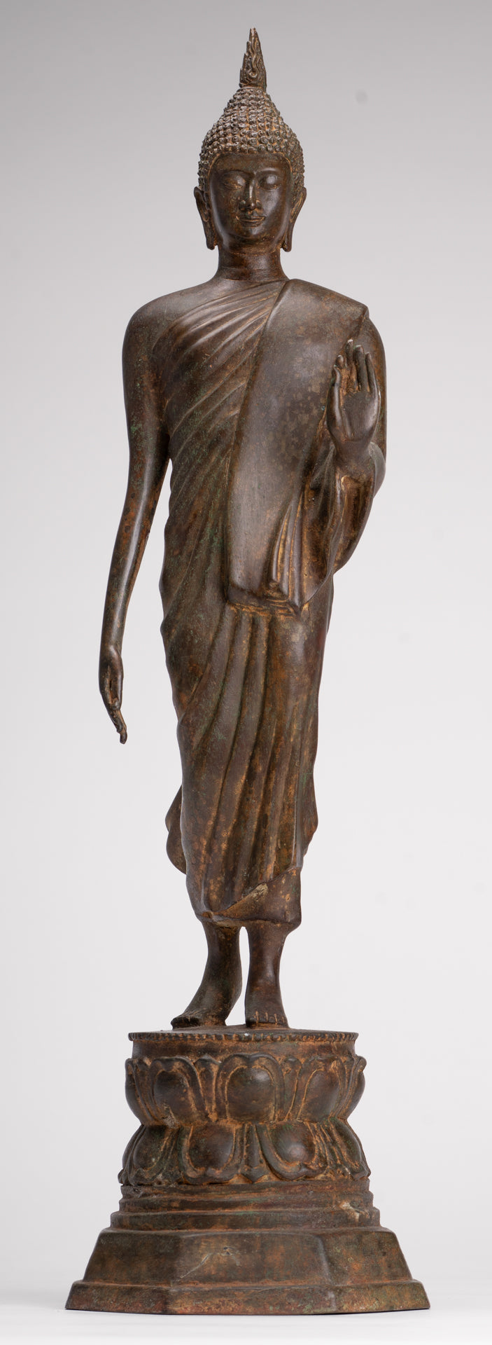 Antique Sukhothai Style Standing Bronze Thai Protection Walking Buddha Statue - 57cm/23"