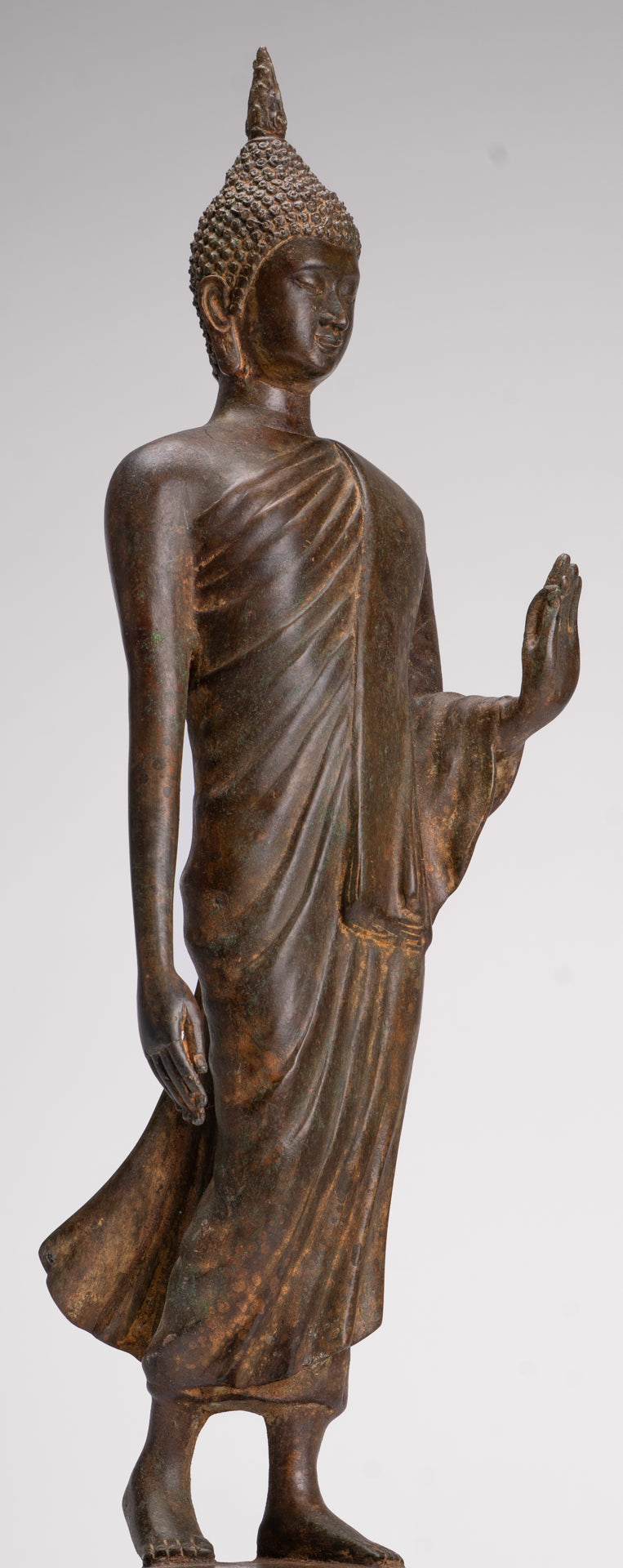Antique Sukhothai Style Standing Bronze Thai Protection Walking Buddha Statue - 57cm/23"
