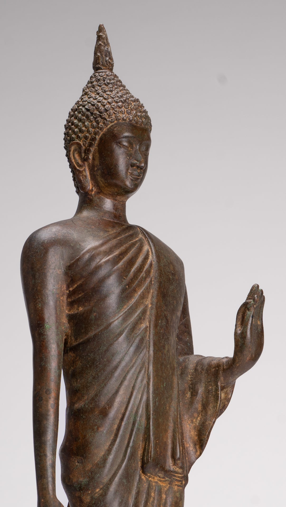 Antique Sukhothai Style Standing Bronze Thai Protection Walking Buddha Statue - 57cm/23"