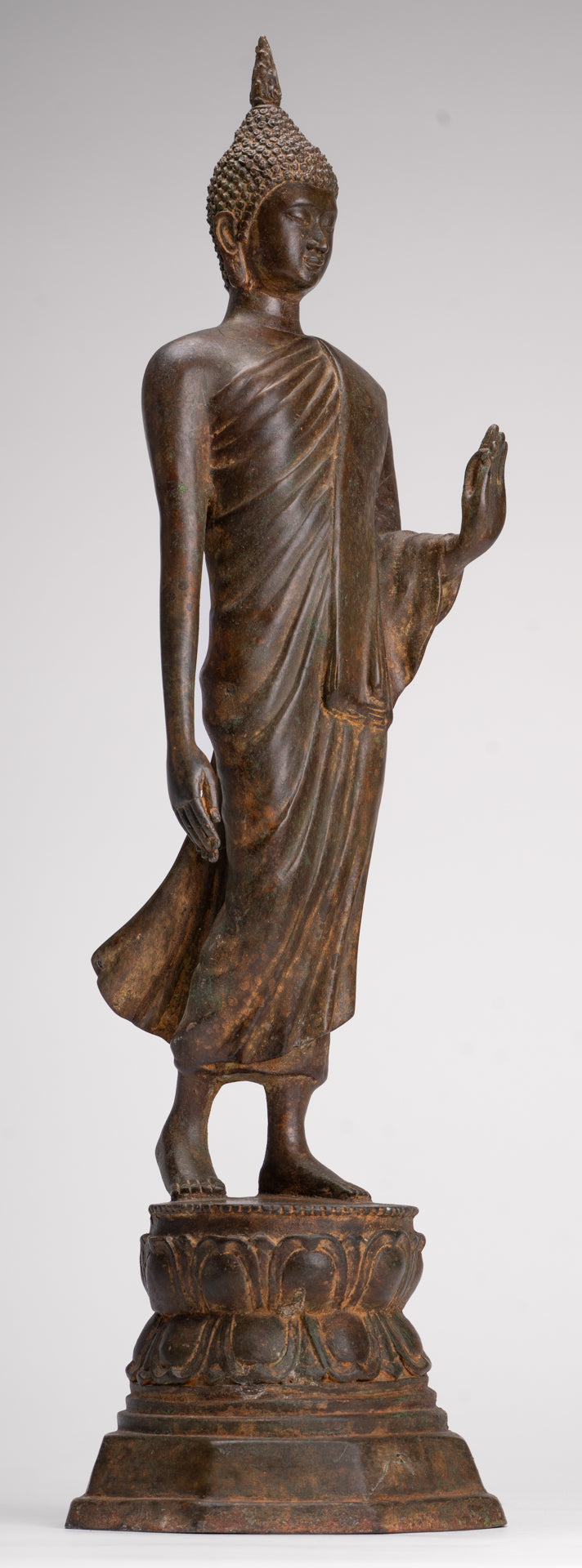 Antique Sukhothai Style Standing Bronze Thai Protection Walking Buddha Statue - 57cm/23"