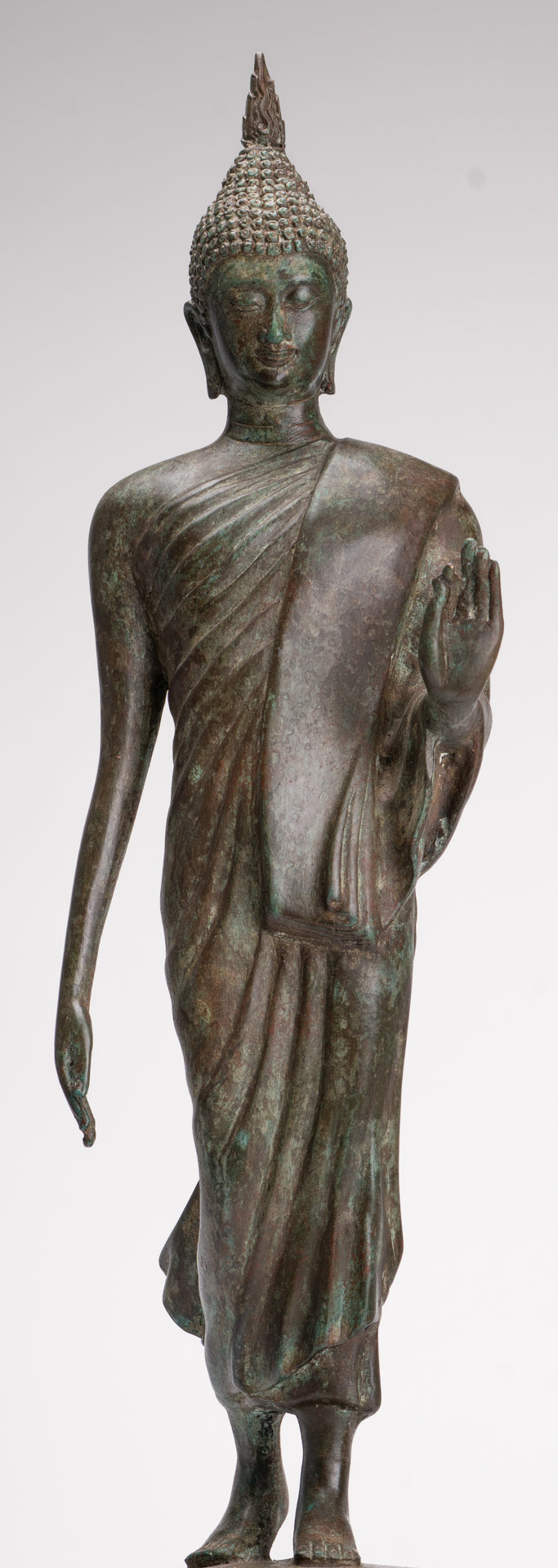 Antique Sukhothai Style Standing Bronze Thai Protection Walking Buddha Statue - 57cm/23"