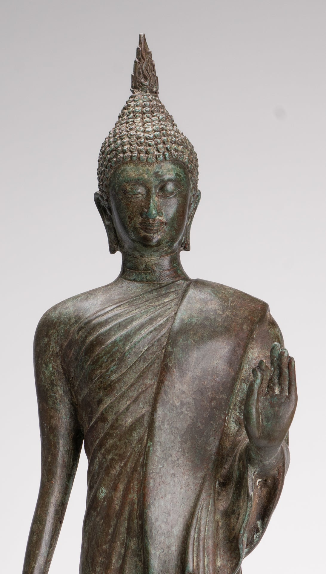 Antique Sukhothai Style Standing Bronze Thai Protection Walking Buddha Statue - 57cm/23"