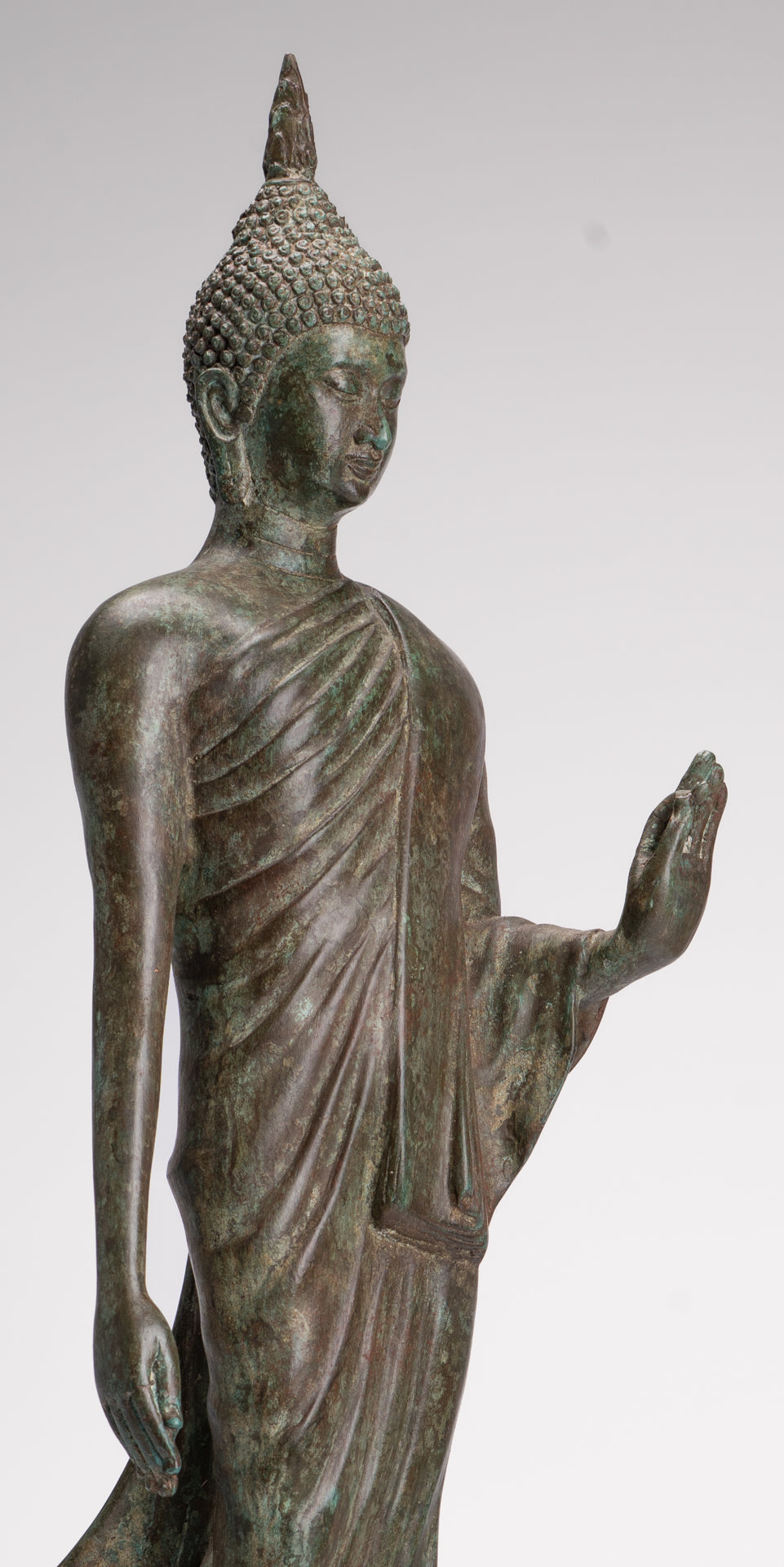 Antique Sukhothai Style Standing Bronze Thai Protection Walking Buddha Statue - 57cm/23"