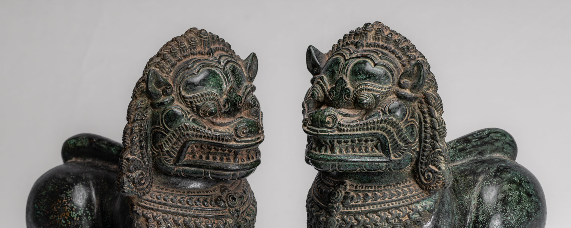 Temple Lion - Antique Khmer Style Bronze Standing Temple Guardian or Lion - 31cm/12" (Pair)