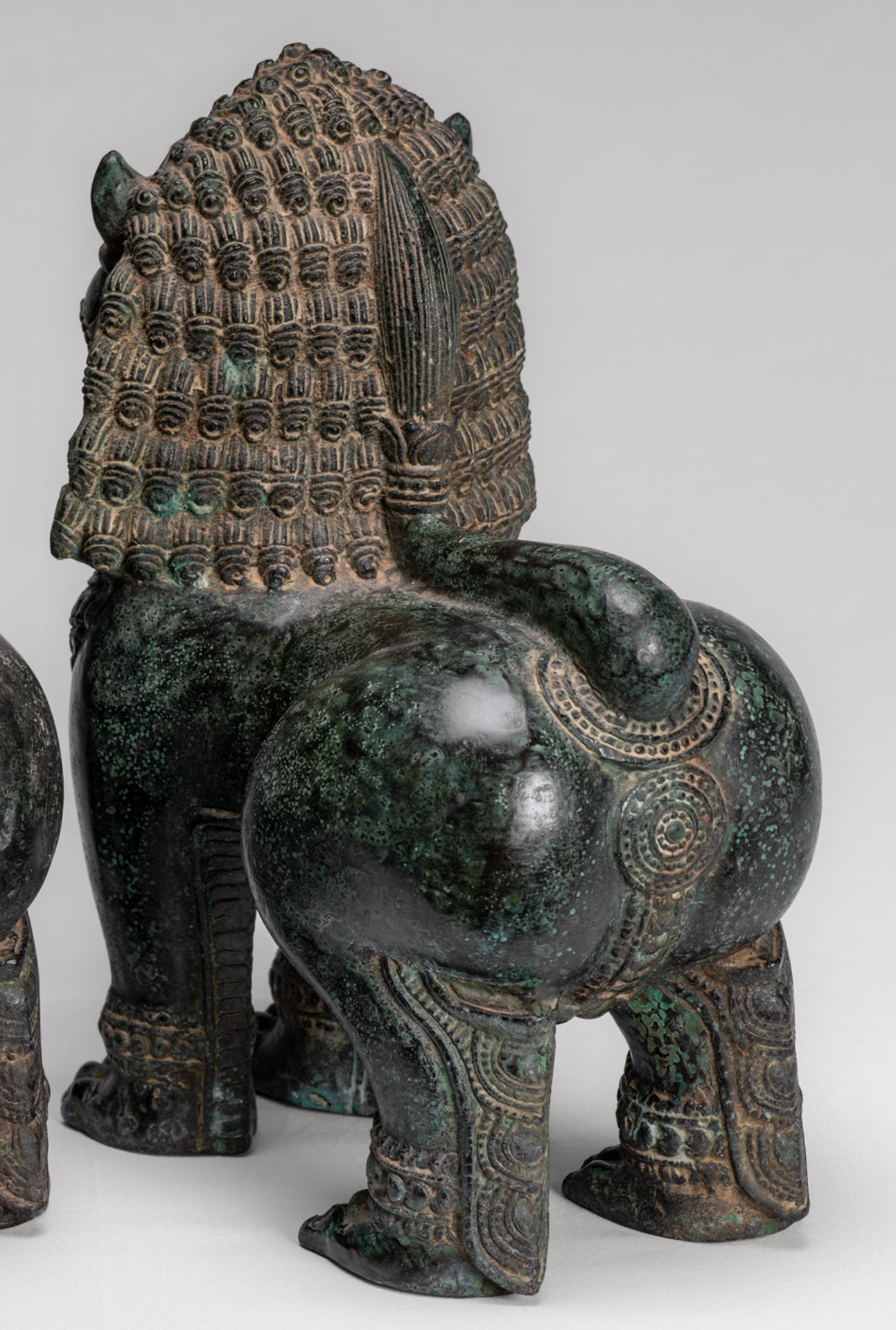 Temple Lion - Antique Khmer Style Bronze Standing Temple Guardian or Lion - 31cm/12" (Pair)