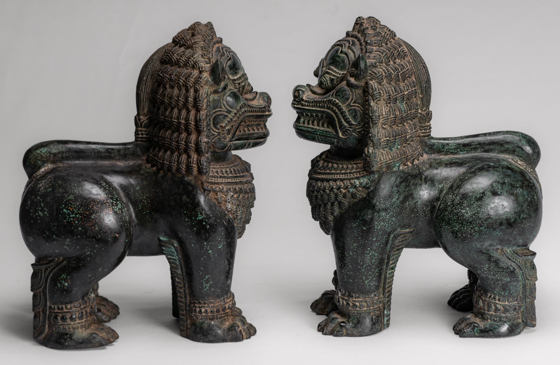 Temple Lion - Antique Khmer Style Bronze Standing Temple Guardian or Lion - 31cm/12" (Pair)