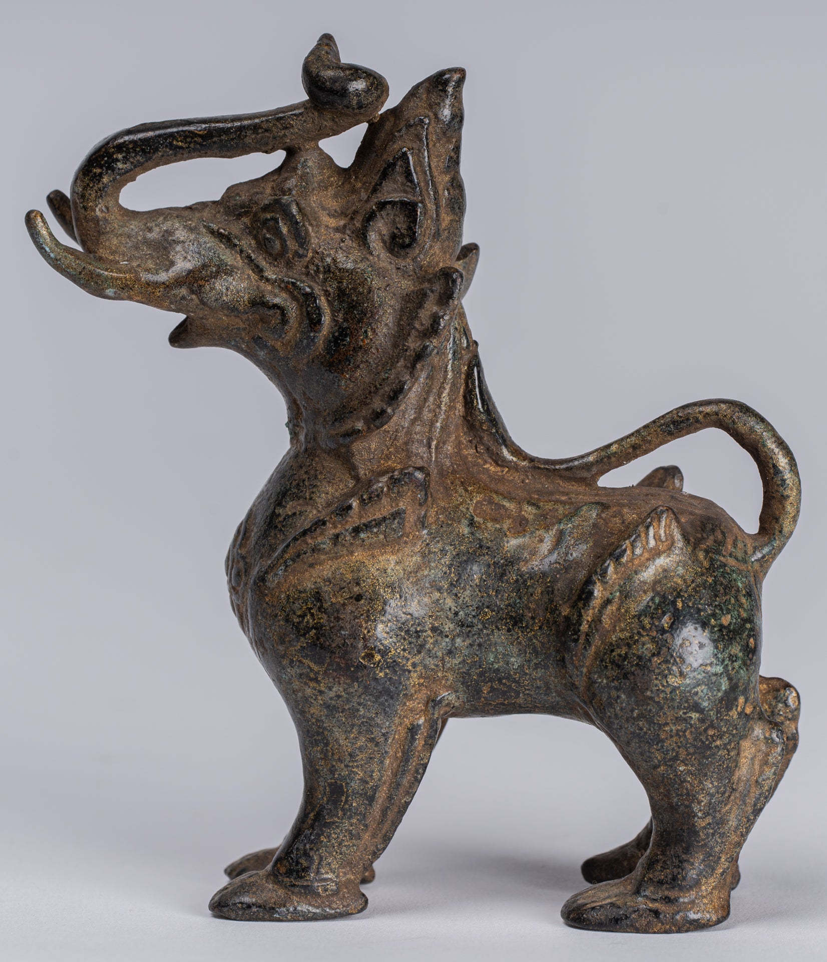 Antique Burmese Style Bronze Standing Chinthe Guardian Temple Lion - 11.5cm/5"