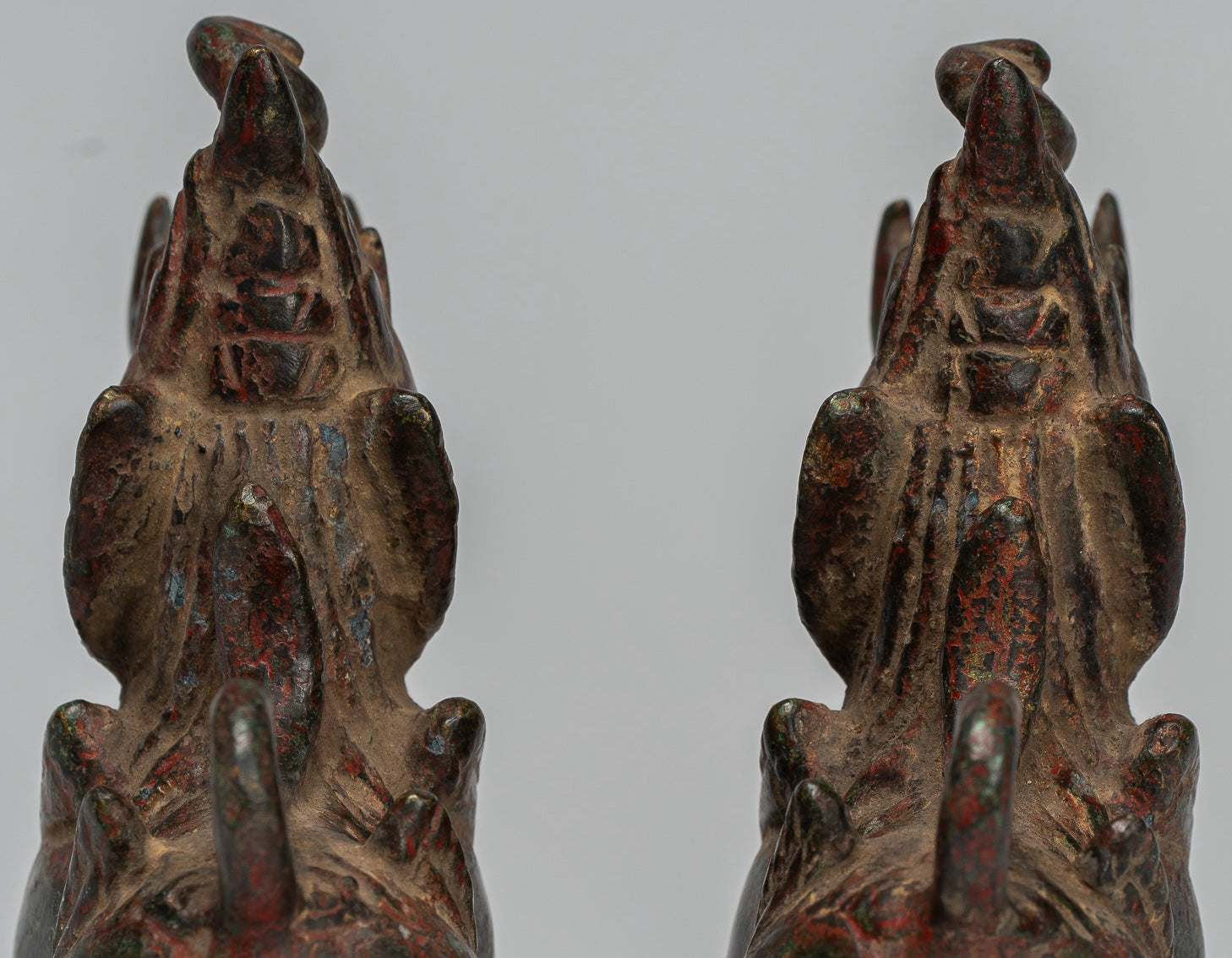 Antique Burmese Style Bronze Standing Chinthe Guardian Temple Lions - 11.5cm/5" (Pair)