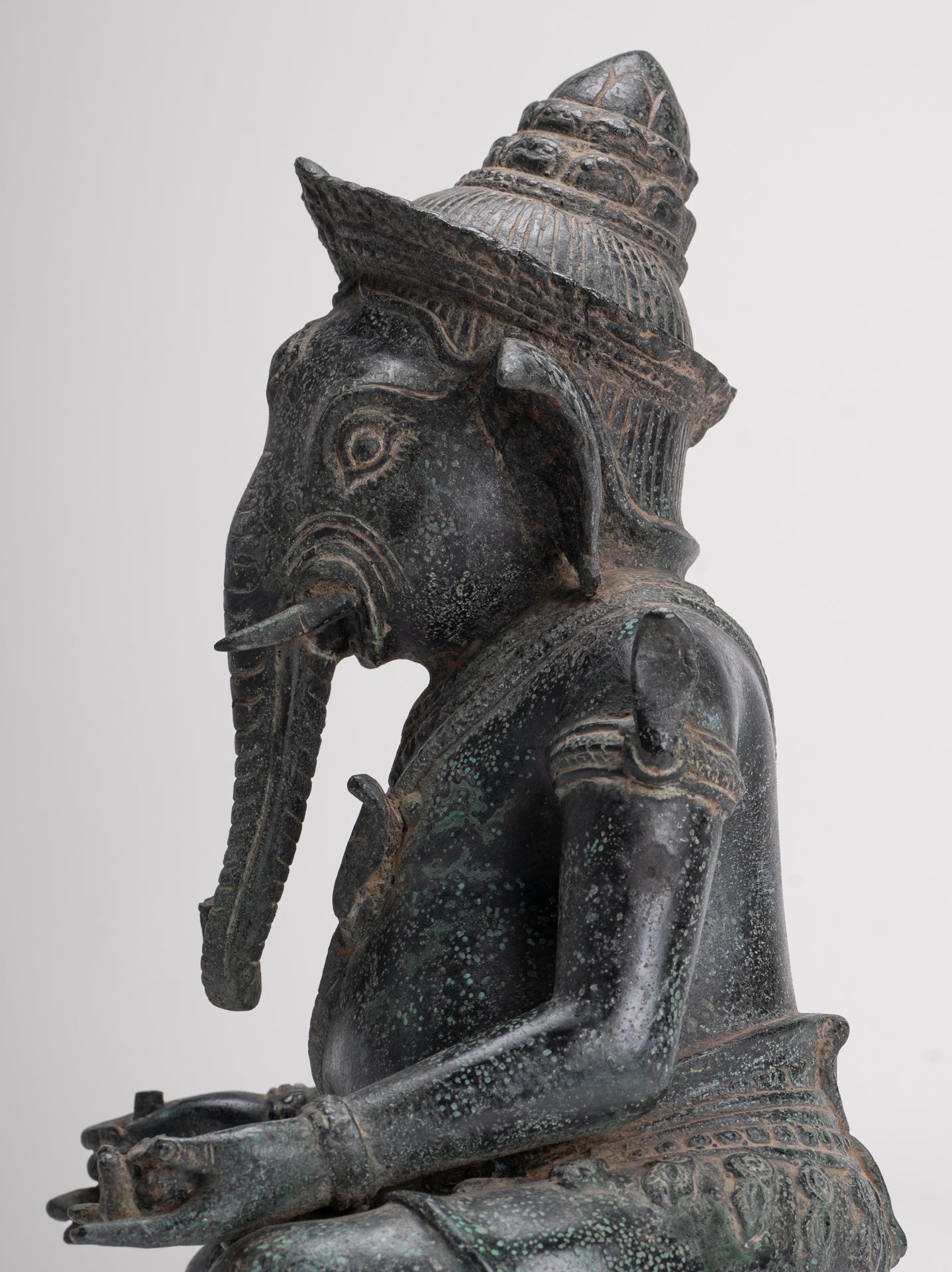 Ganesha Statue - Antique Khmer Style Bayon Seated Ganesh Statue - 36cm/14"