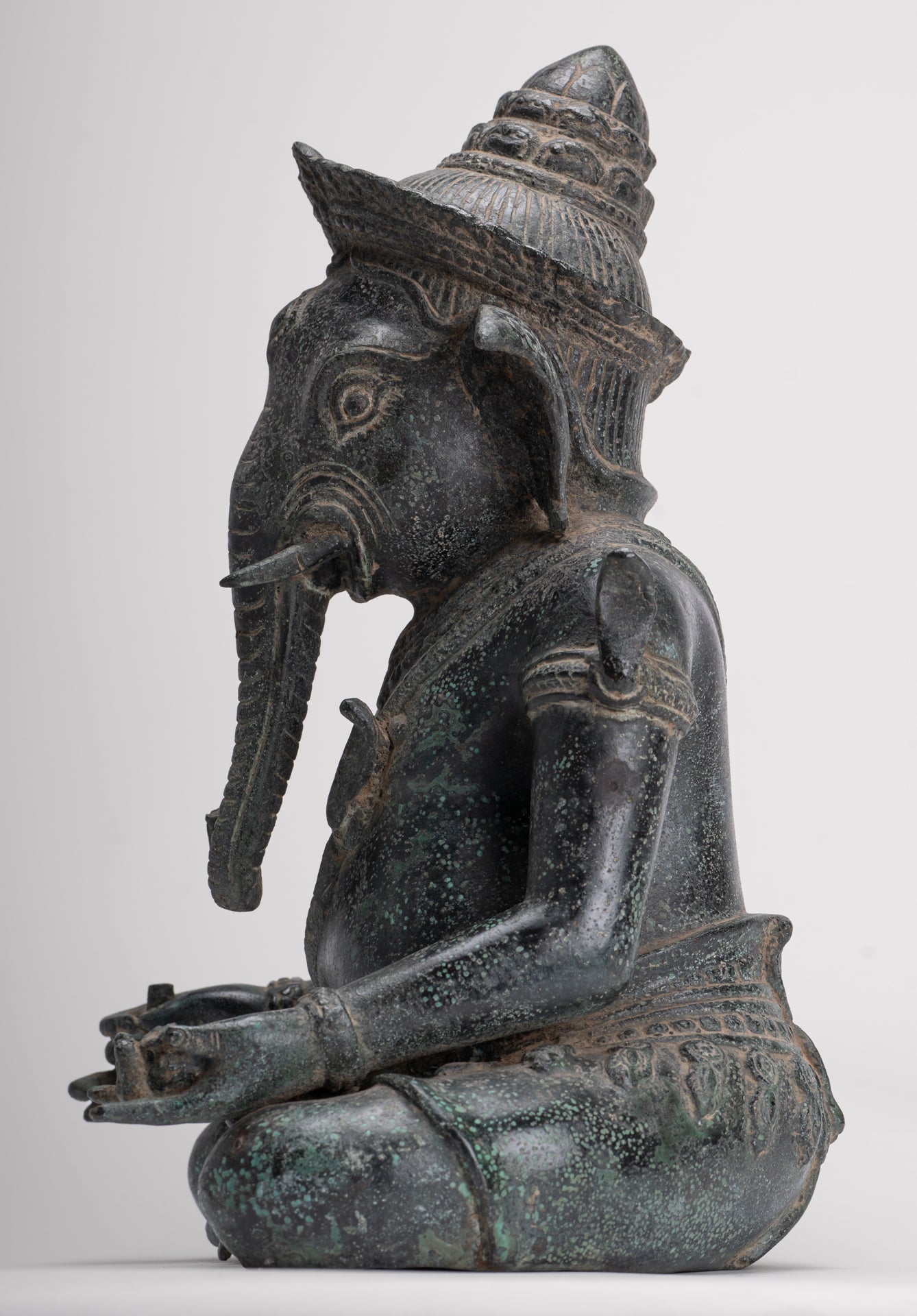 Ganesha Statue - Antique Khmer Style Bayon Seated Ganesh Statue - 36cm/14"