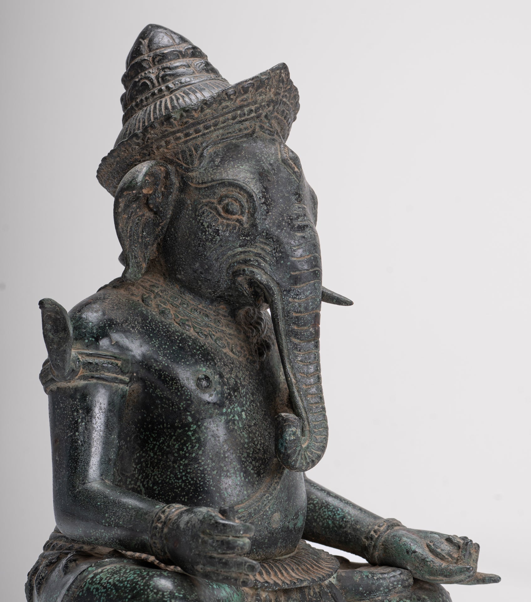 Ganesha Statue - Antique Khmer Style Bayon Seated Ganesh Statue - 36cm/14"