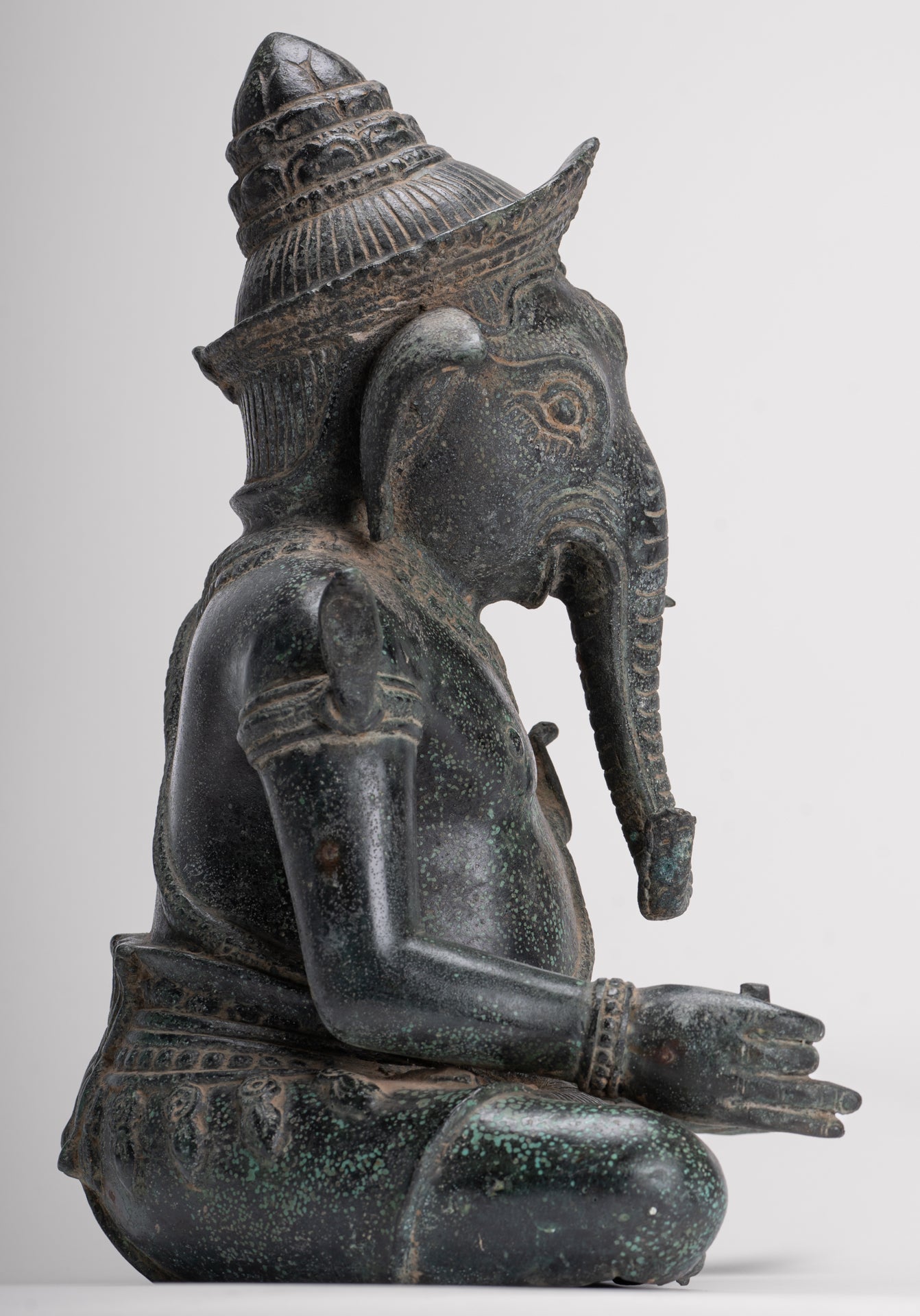 Ganesha Statue - Antique Khmer Style Bayon Seated Ganesh Statue - 36cm/14"