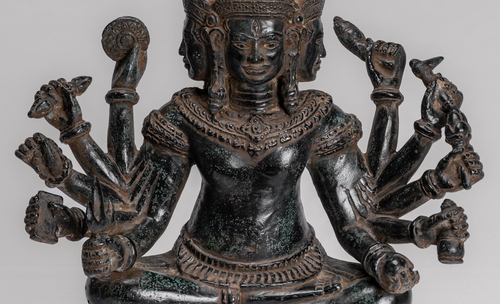 Trimurti Statue - Antique Khmer Style Trimurti Shiva Brahma Vishnu Statue - 36cm/14"