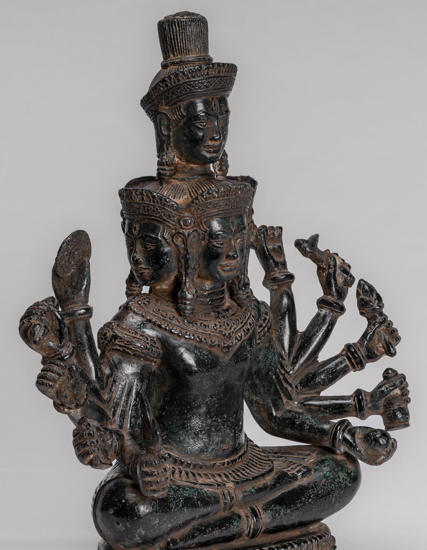 Trimurti Statue - Antique Khmer Style Trimurti Shiva Brahma Vishnu Statue - 36cm/14"