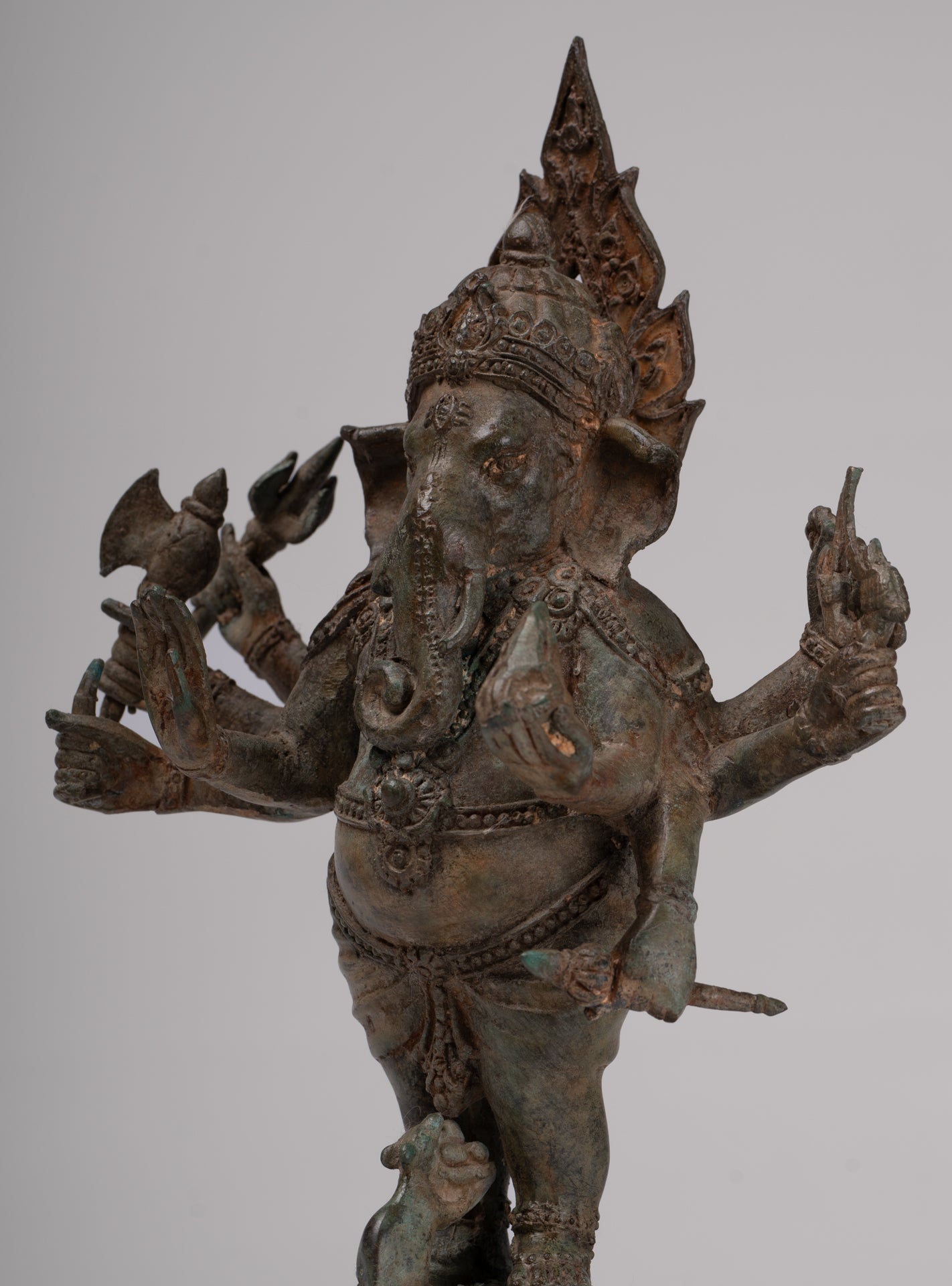 Ganesha Statue - Antique Thai Style Bronze Standing 8-Arm Ganesha Statue - 29cm/12"