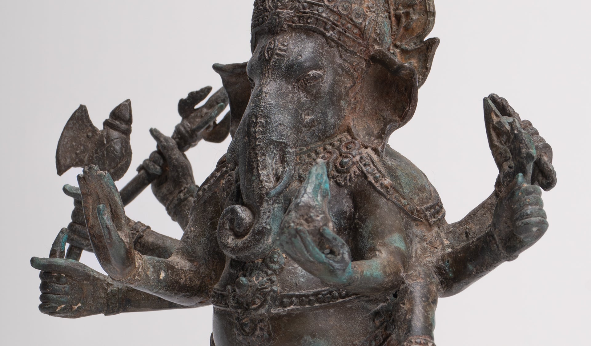 Antique Thai Style Bronze Standing 8-Arm Ganesha Statue - 28cm/11"