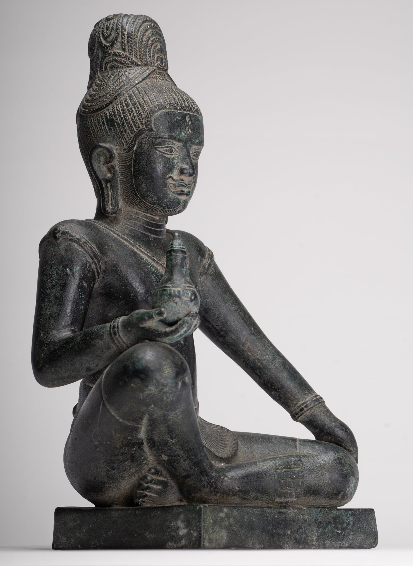 Lokeshvara Statue - Antique Khmer Style Seated Bronze Bayon Style Lokeshvara - 39cm/16"