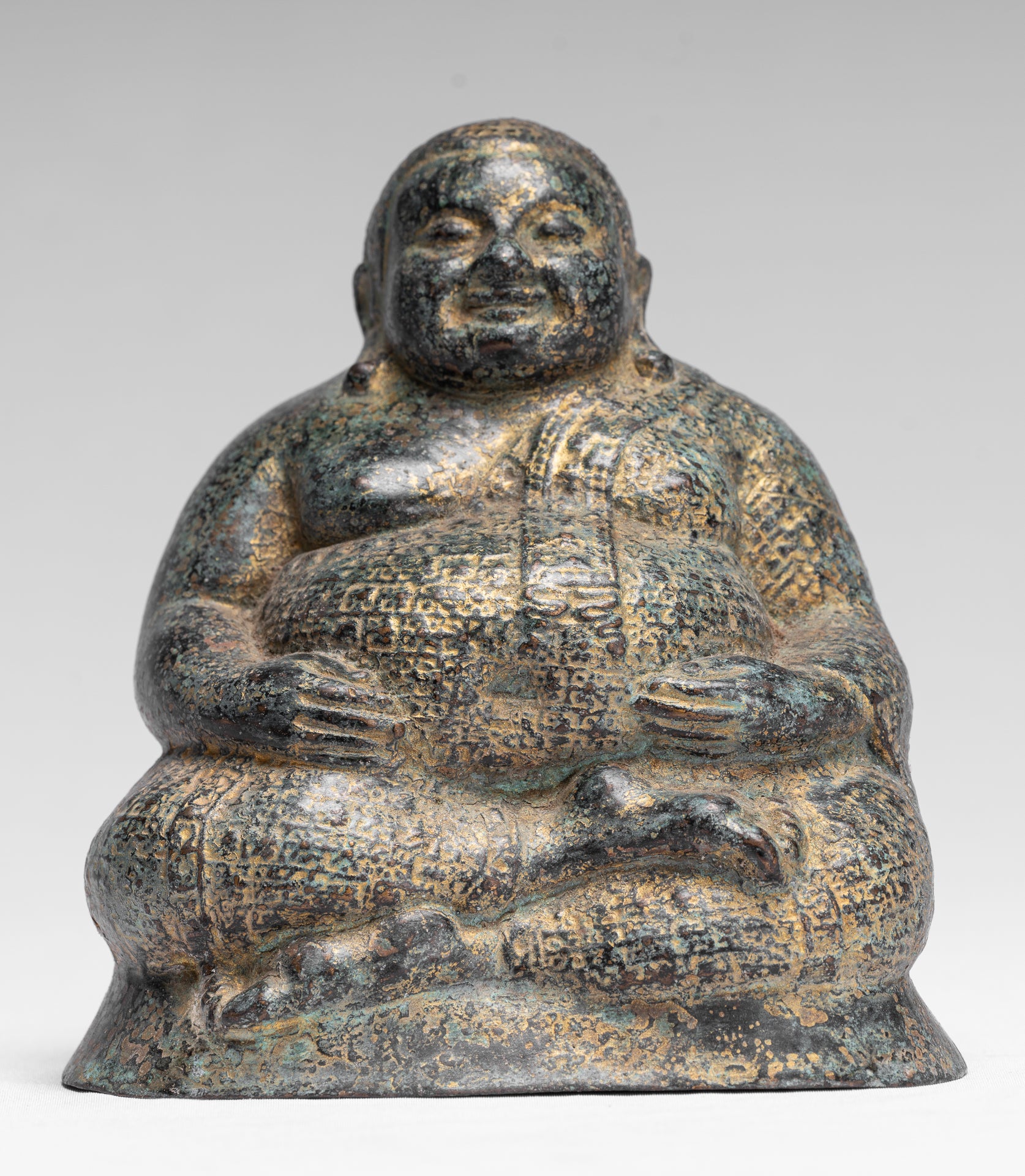 Buddha Statue - Antique Khmer Style Bronze Happy, Fat, Laughing Buddha Budai Statue - 18cm/7"