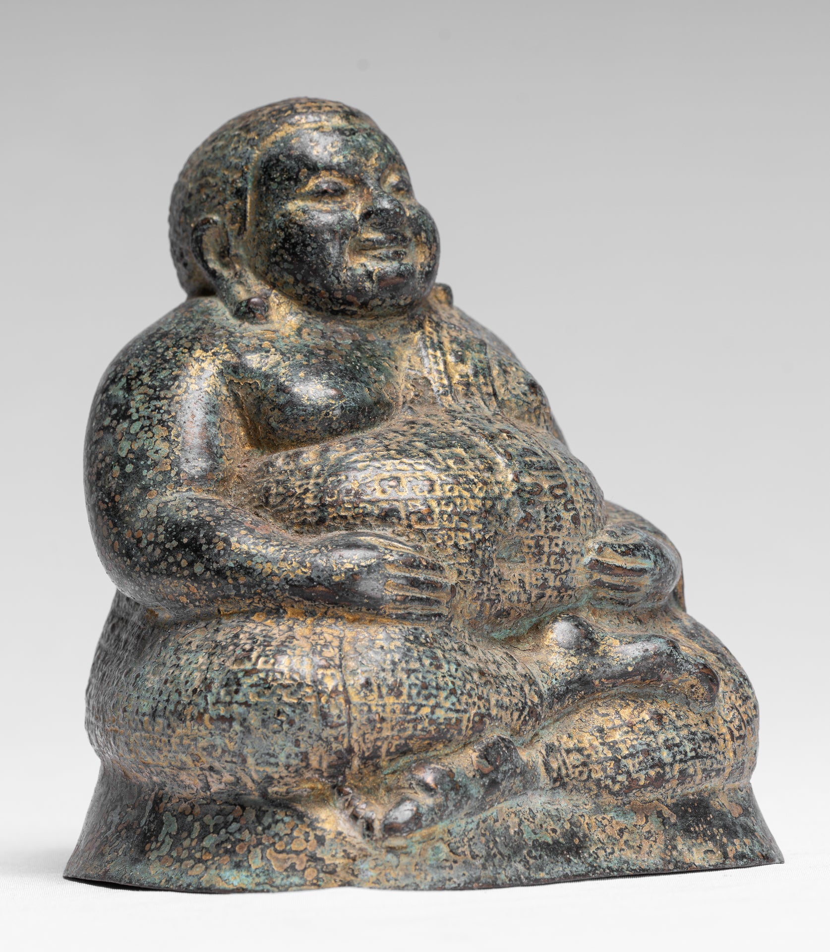Buddha Statue - Antique Khmer Style Bronze Happy, Fat, Laughing Buddha Budai Statue - 18cm/7"