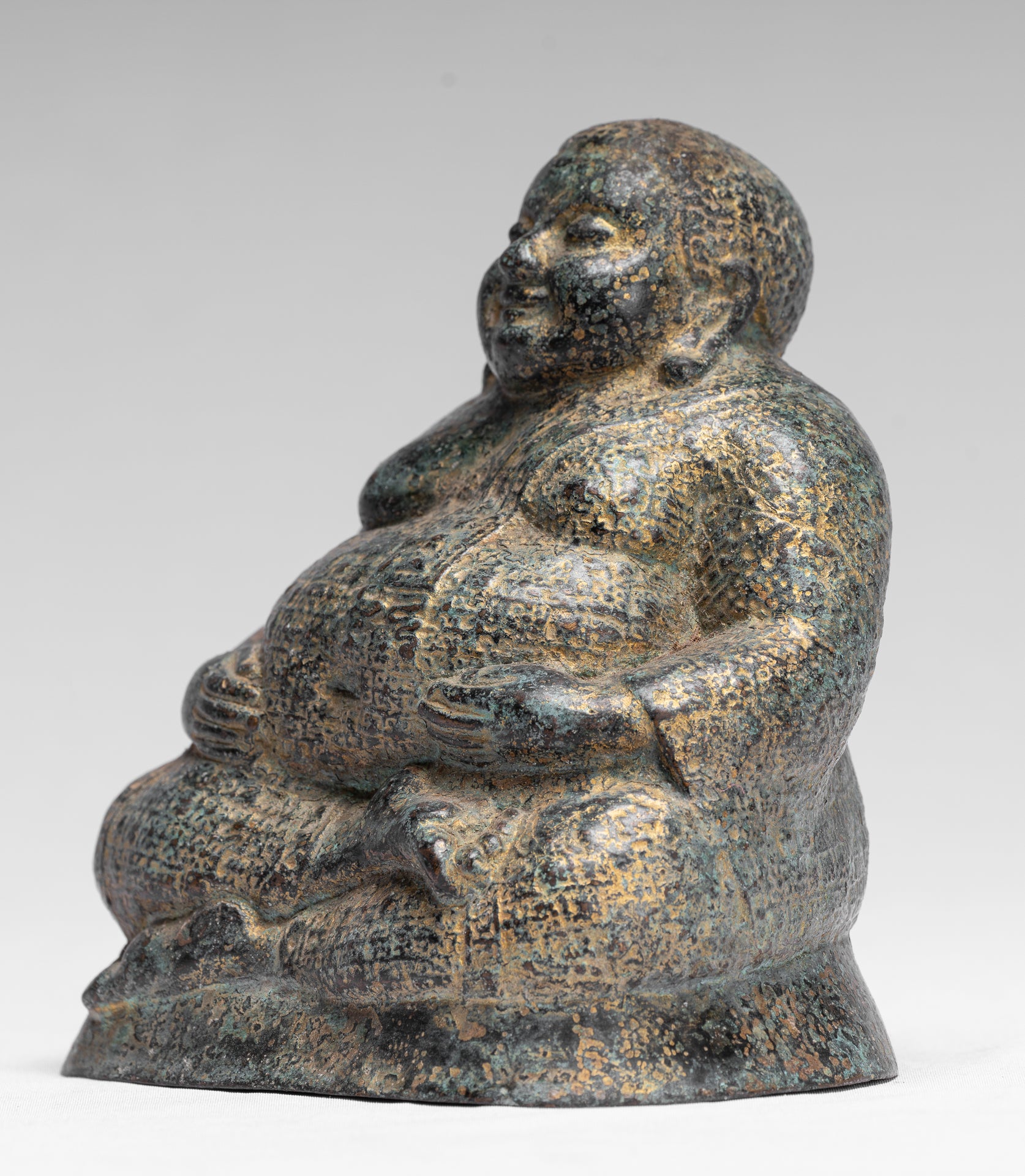 Buddha Statue - Antique Khmer Style Bronze Happy, Fat, Laughing Buddha Budai Statue - 18cm/7"