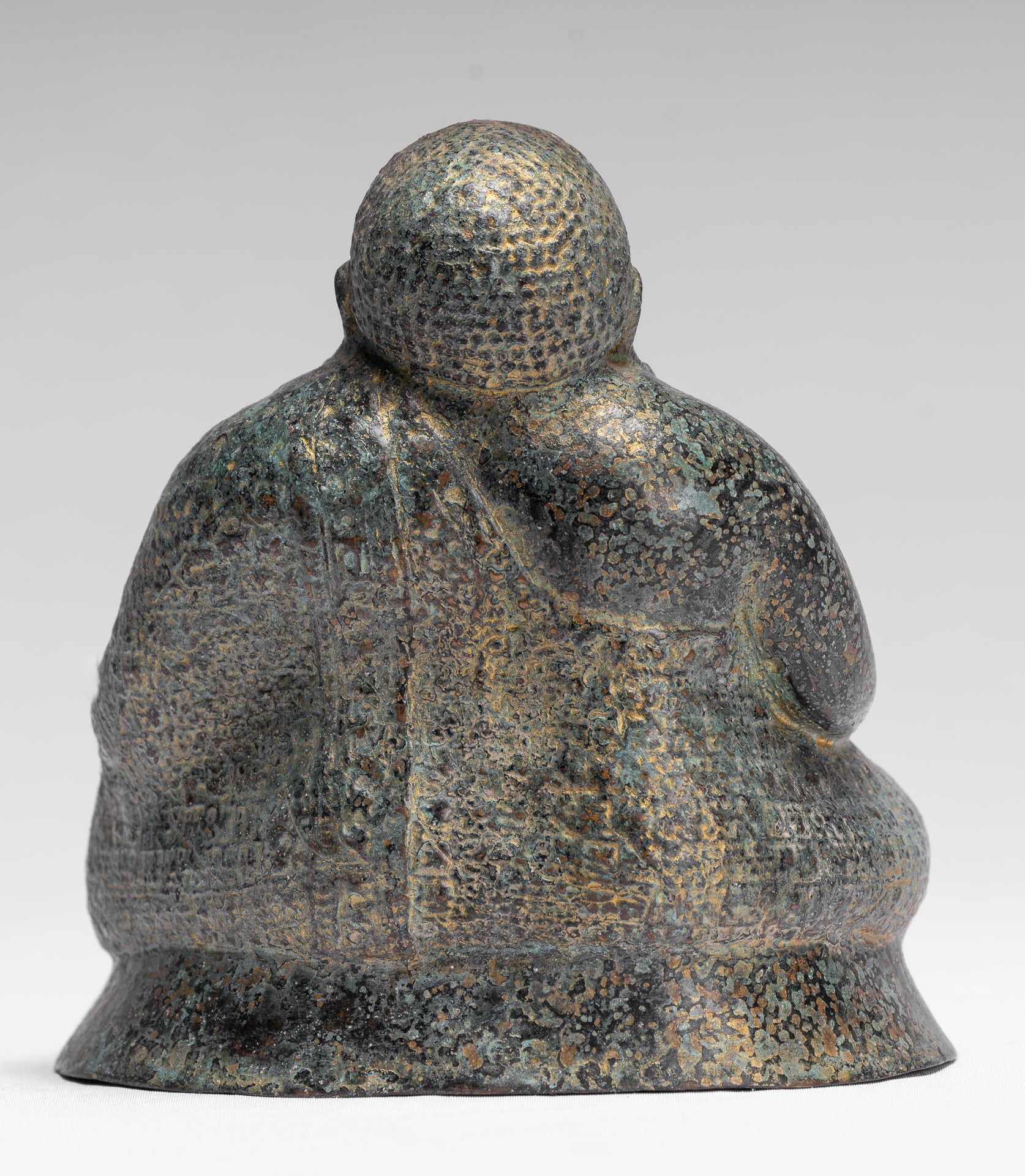 Buddha Statue - Antique Khmer Style Bronze Happy, Fat, Laughing Buddha Budai Statue - 18cm/7"