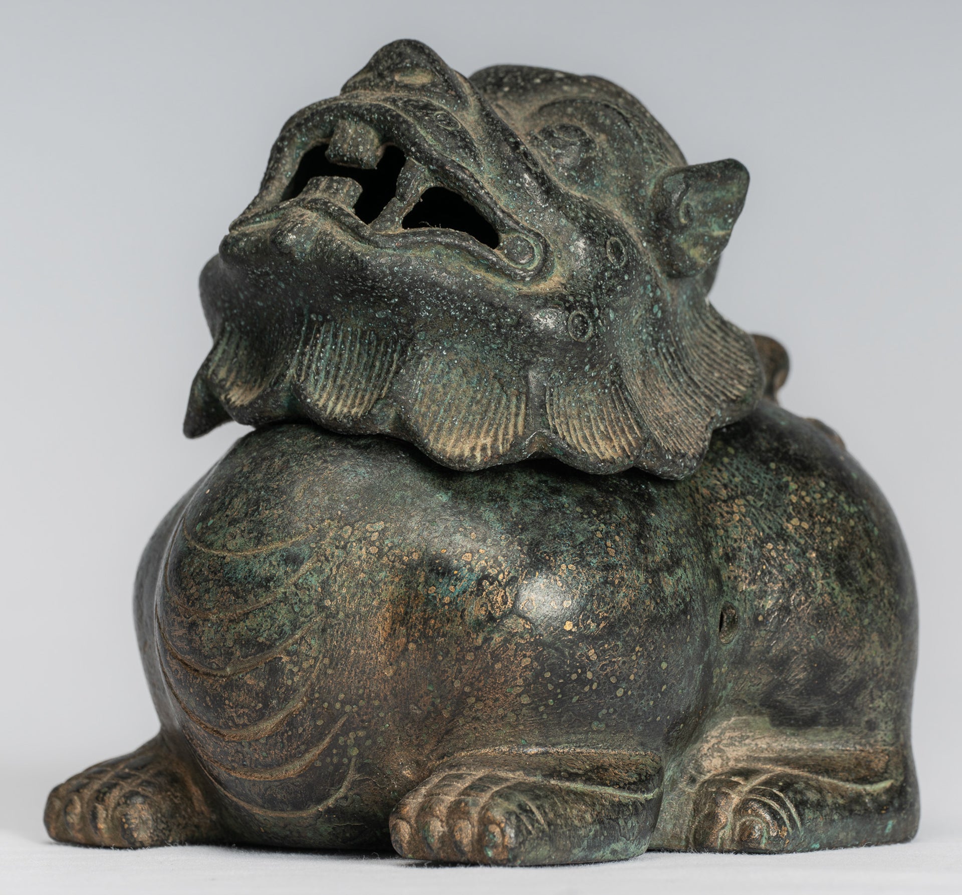 Antique Chinese Style Bronze Two Piece Dragon Censer or Incense Burner and Incense Stick Holder - 12cm/5" Tall