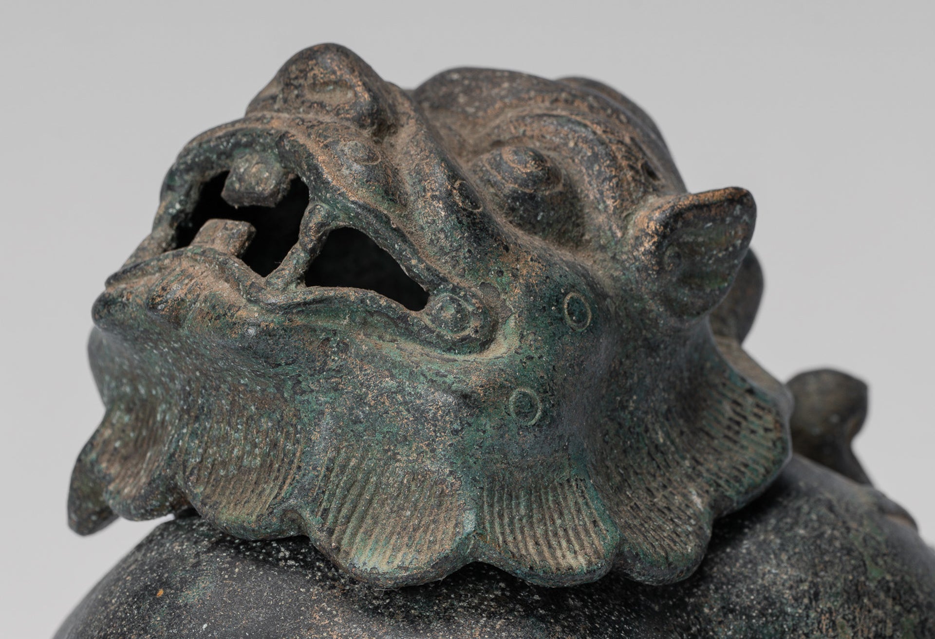 Antique Chinese Style Bronze Two Piece Dragon Censer or Incense Burner and Incense Stick Holder - 12cm/5" Tall