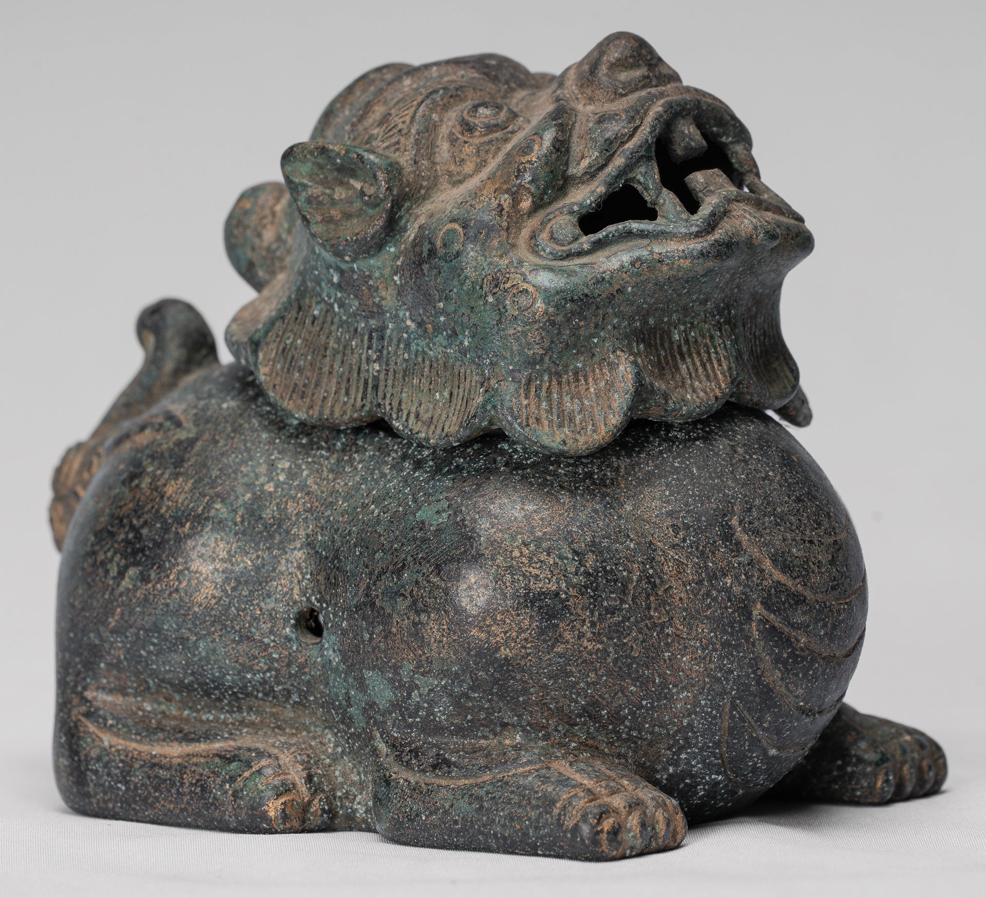 Antique Chinese Style Bronze Two Piece Dragon Censer or Incense Burner and Incense Stick Holder - 12cm/5" Tall