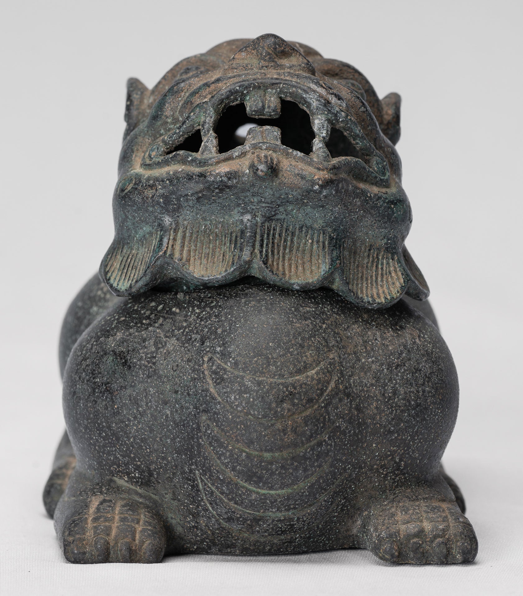 Antique Chinese Style Bronze Two Piece Dragon Censer or Incense Burner and Incense Stick Holder - 12cm/5" Tall