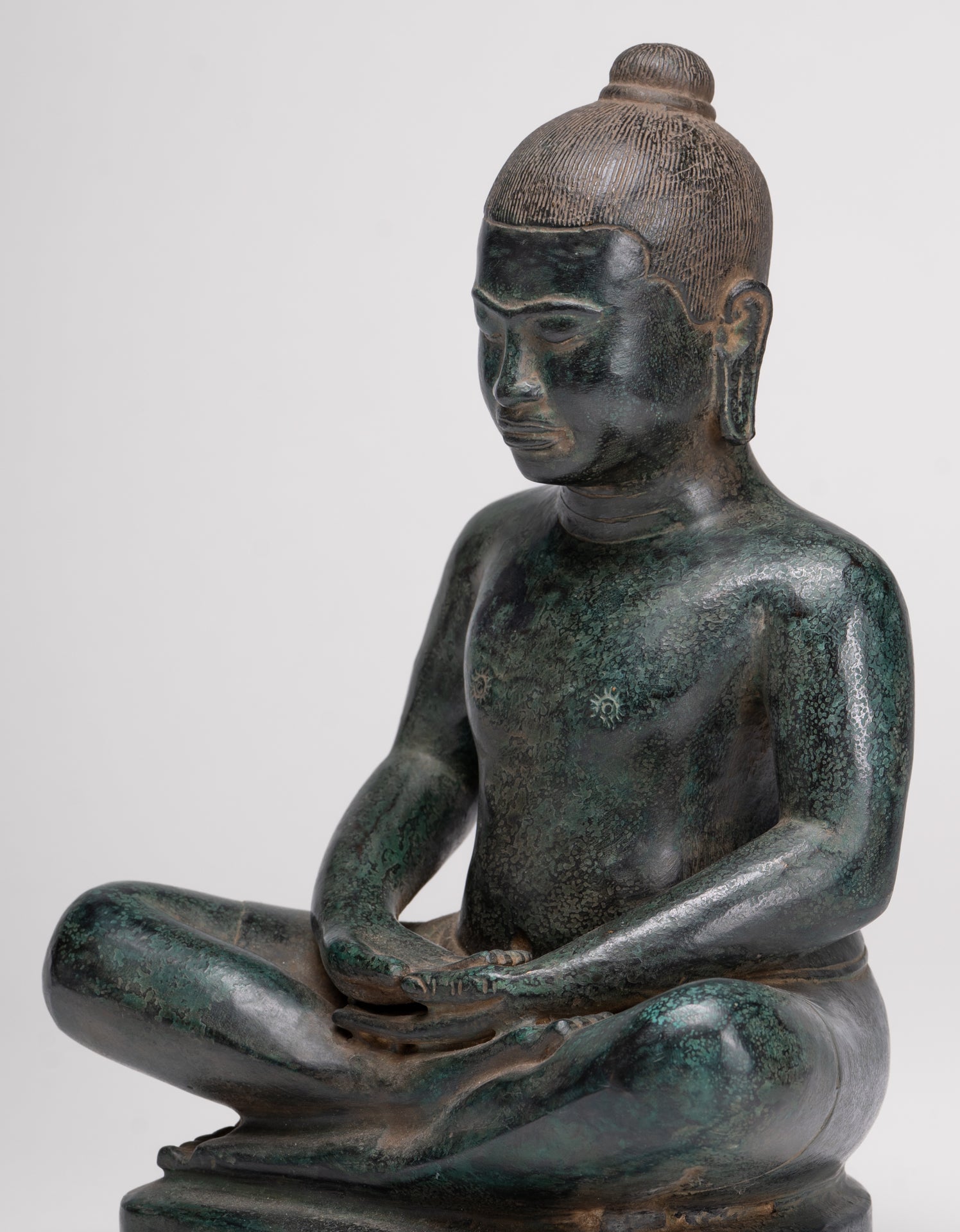 Antique Khmer Style Seated Bronze Meditation Jayavarman VII Statue - 26cm/10"