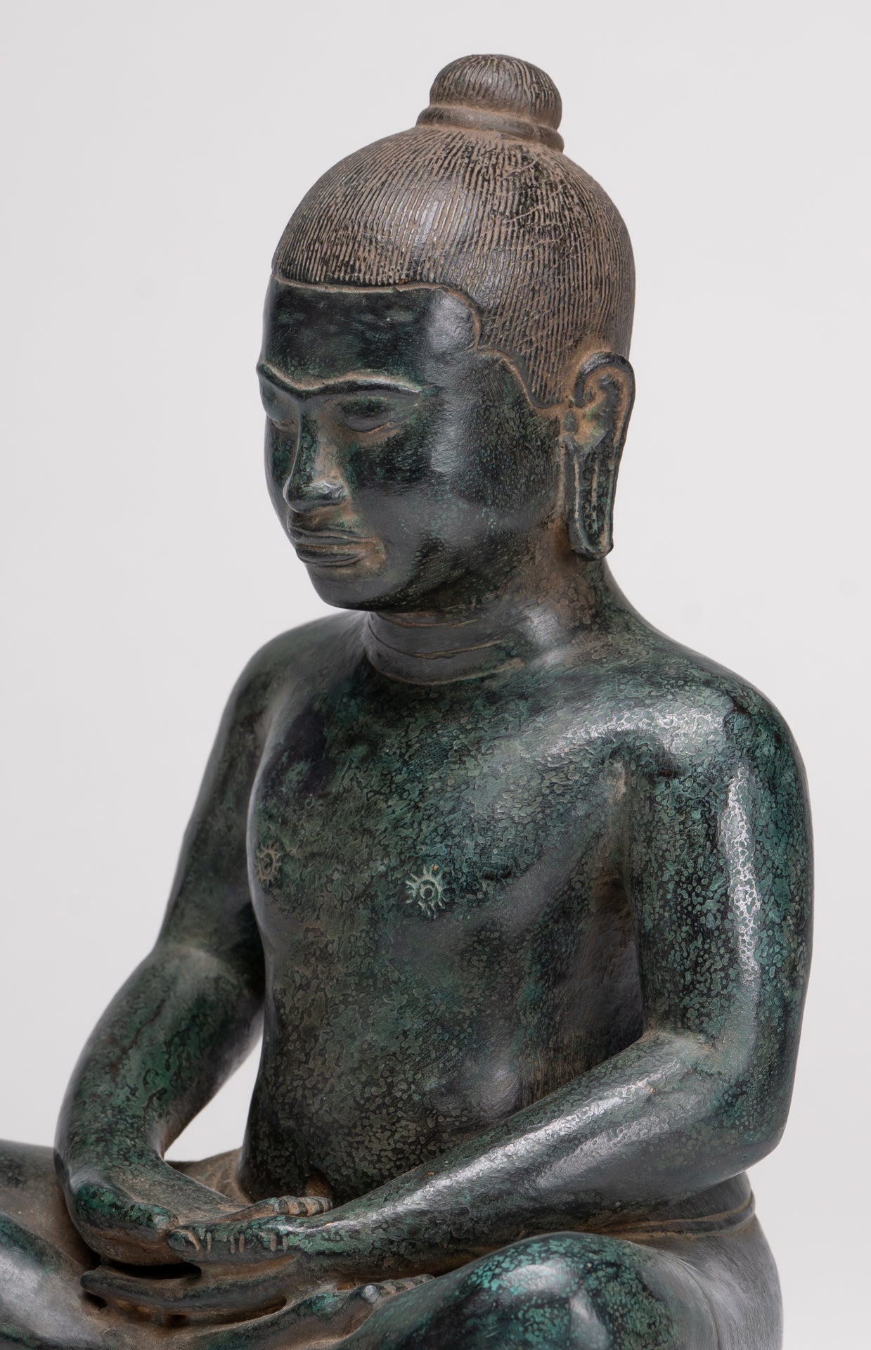 Antique Khmer Style Seated Bronze Meditation Jayavarman VII Statue - 26cm/10"